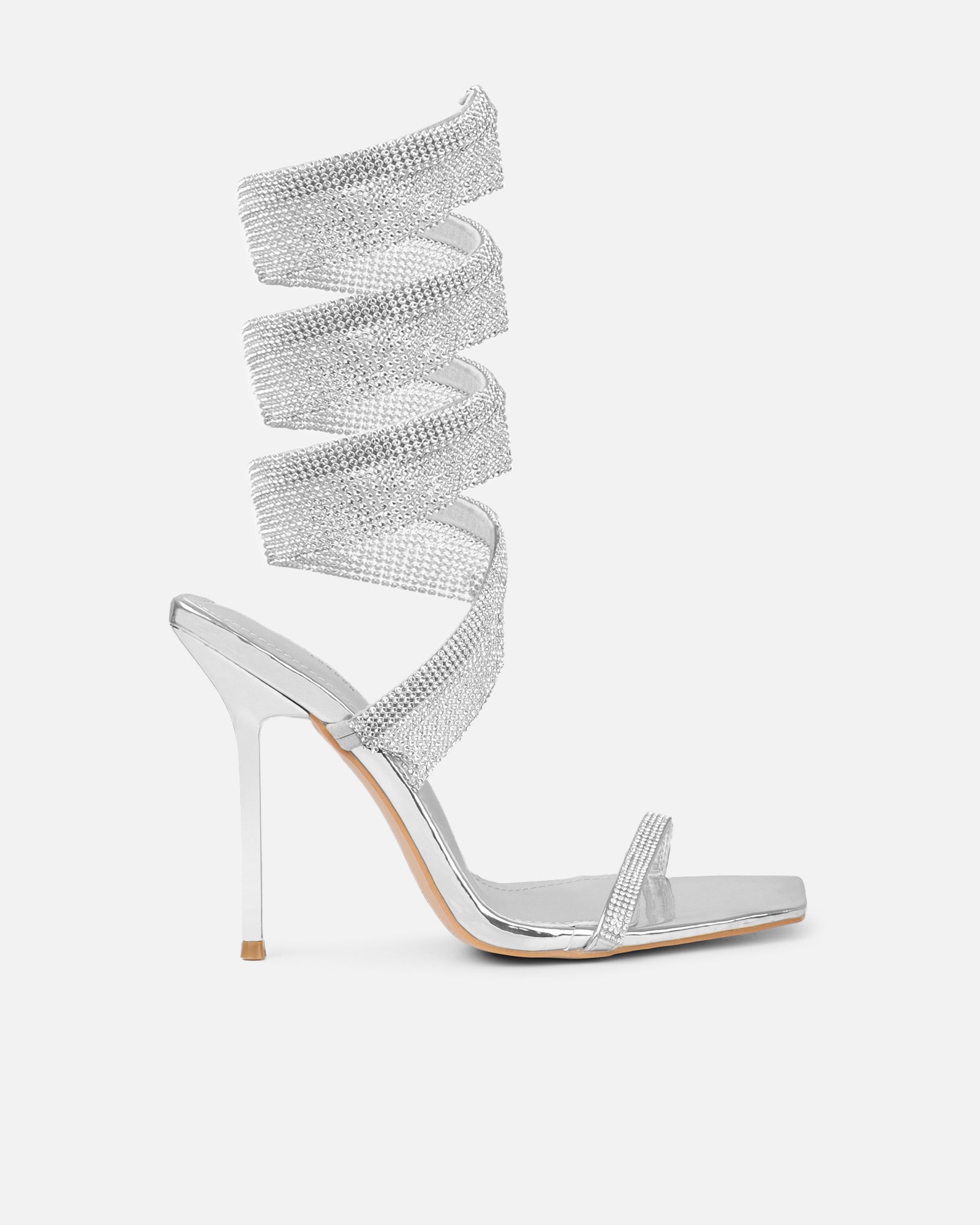 Javana silver mirror diamante spiral heeled sandals | SIMMI London