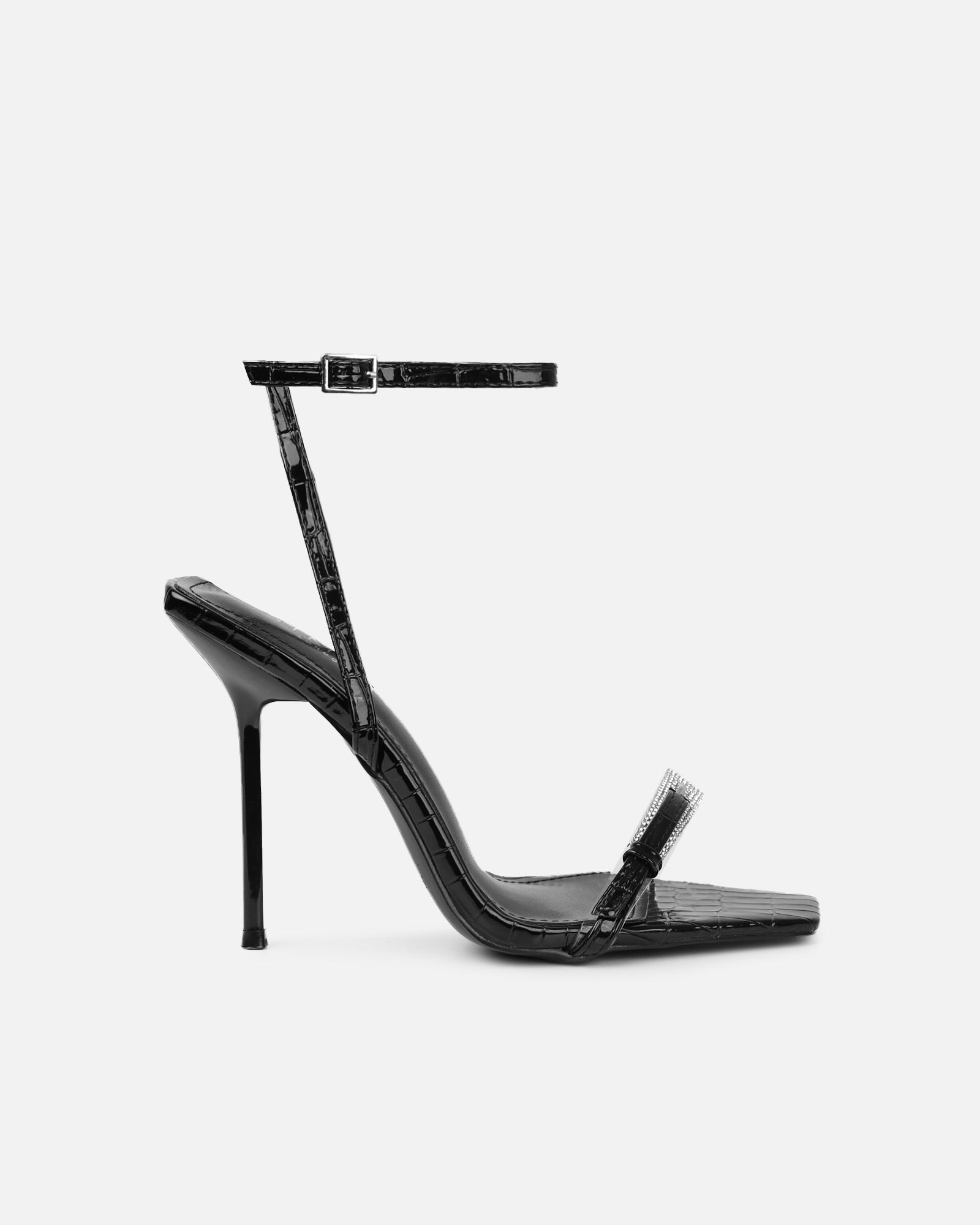 Kienna black patent croc effect diamante buckle heeled sandals | SIMMI London