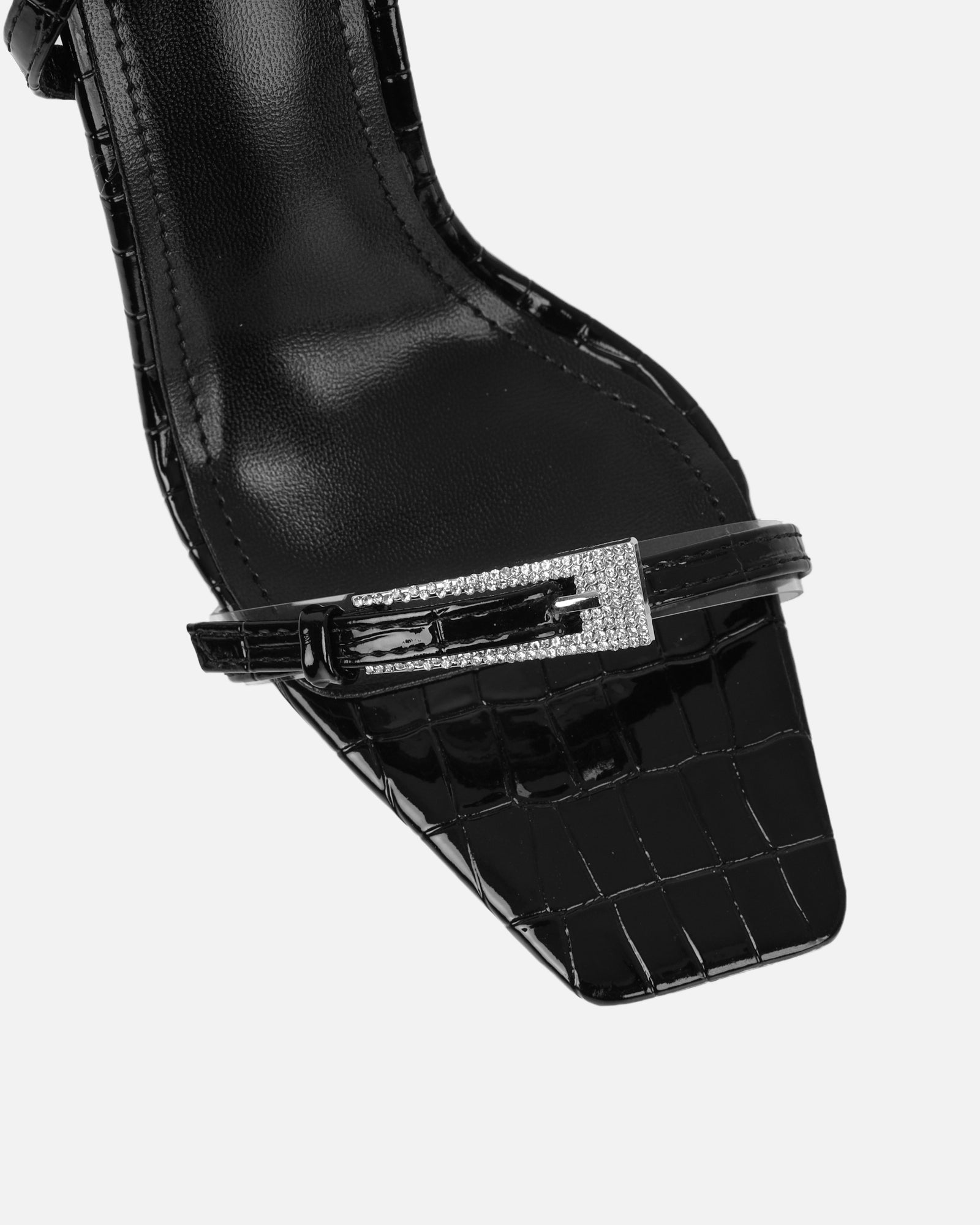 Kienna black patent croc effect diamante buckle heeled sandals | SIMMI London
