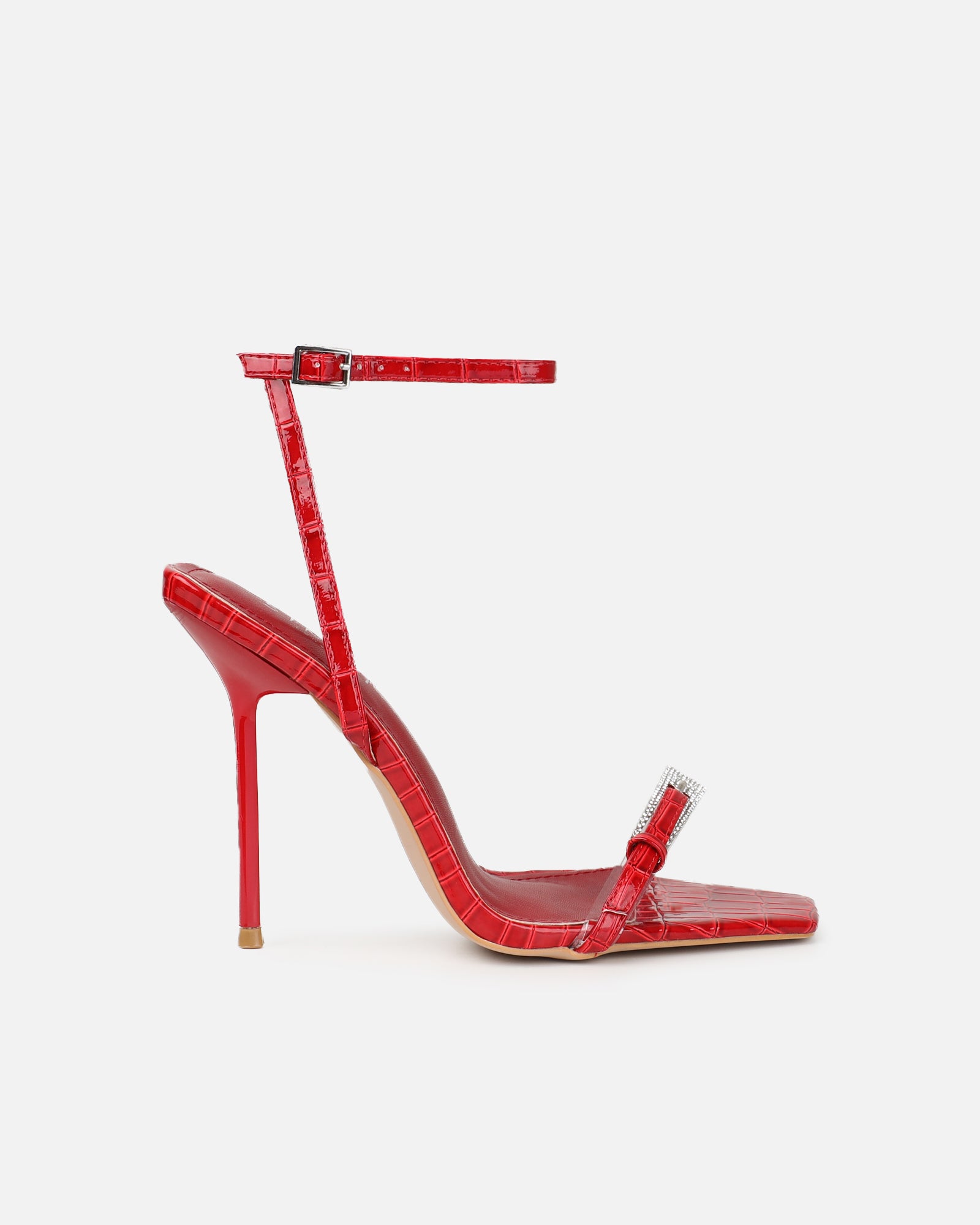 Kienna red patent croc effect diamante buckle heeled sandals | SIMMI London
