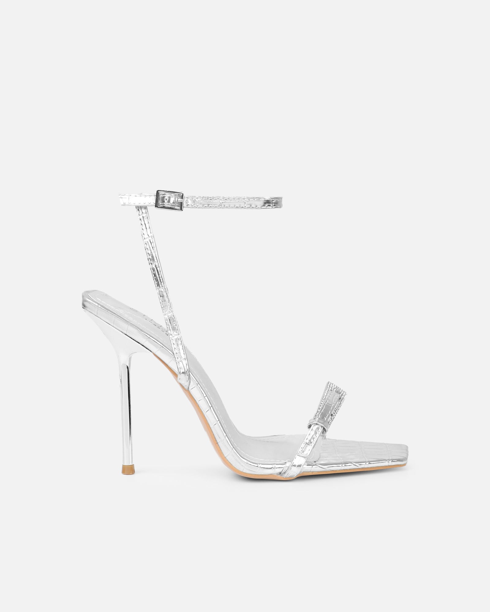 Kienna silver croc effect diamante buckle heeled sandals | SIMMI London