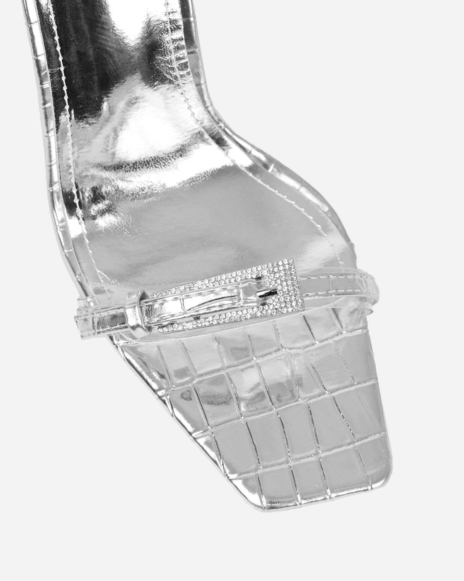 Kienna silver croc effect diamante buckle heeled sandals | SIMMI London