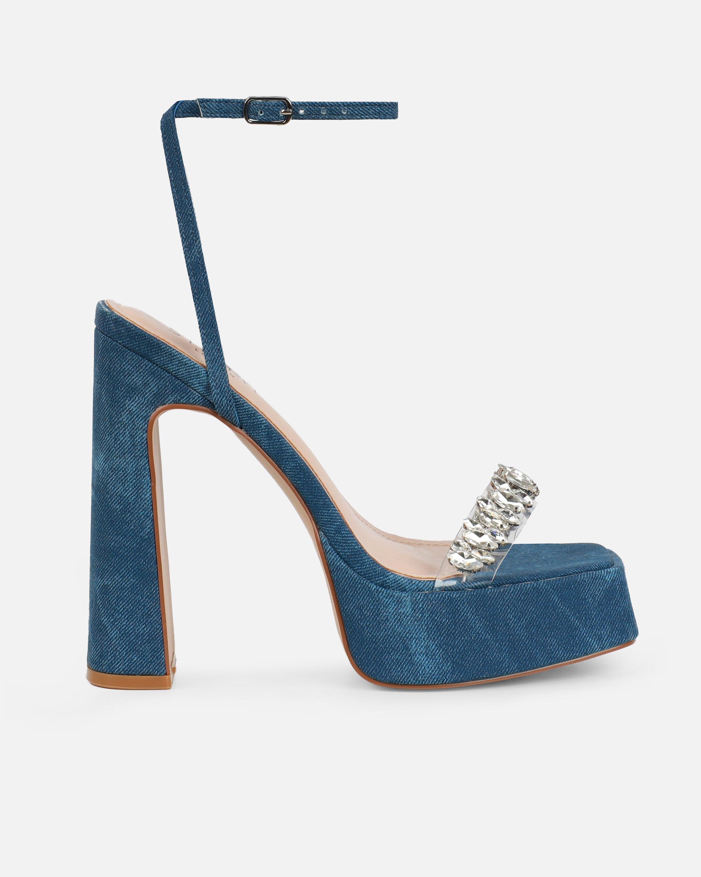 Immogen Clear Blue Denim Effect Diamante Platform Heels | SIMMI London