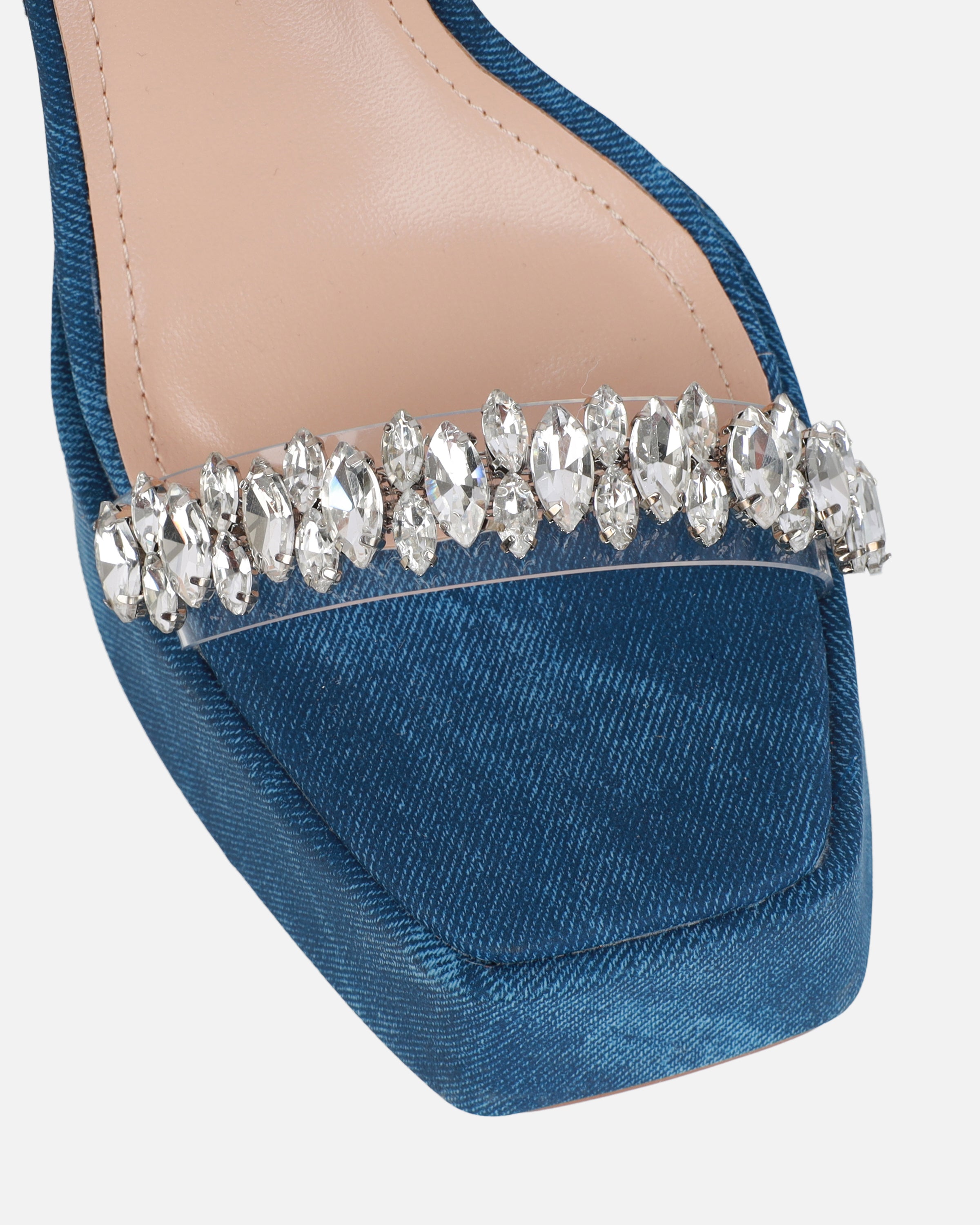 Immogen Clear Blue Denim Effect Diamante Platform Heels | SIMMI London