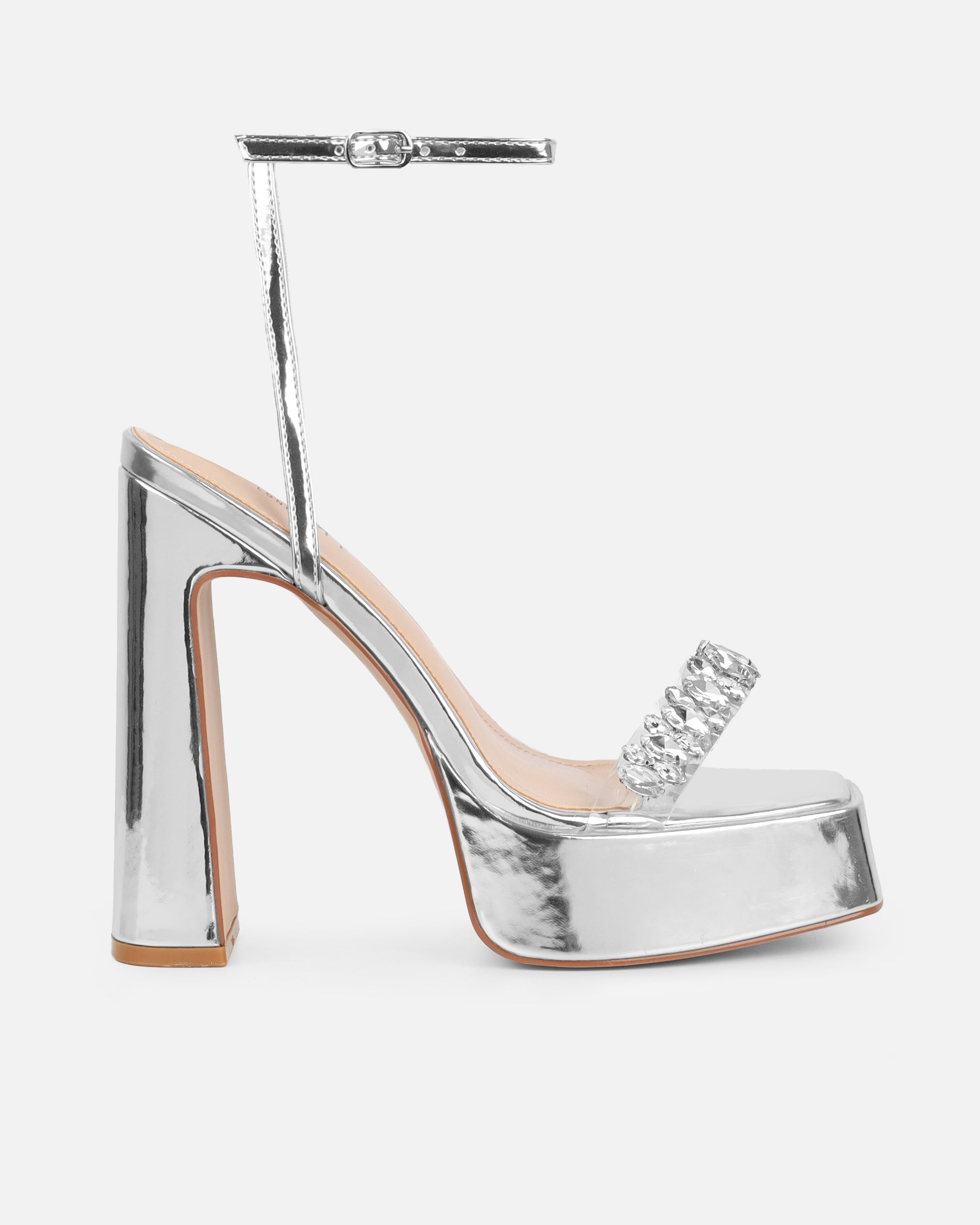 Immogen Clear Silver Mirror Diamante Platform Heels | SIMMI London