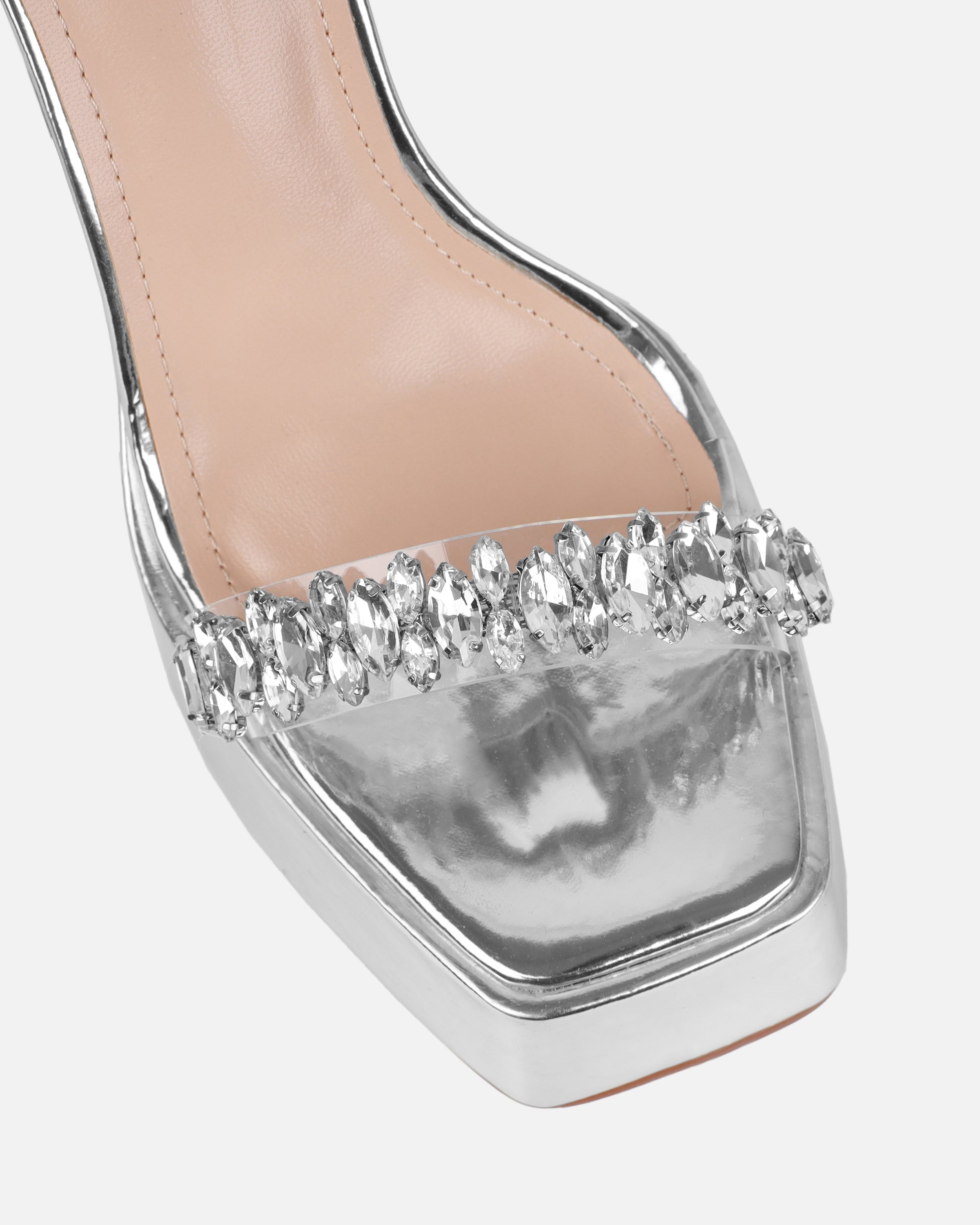 Immogen Clear Silver Mirror Diamante Platform Heels | SIMMI London