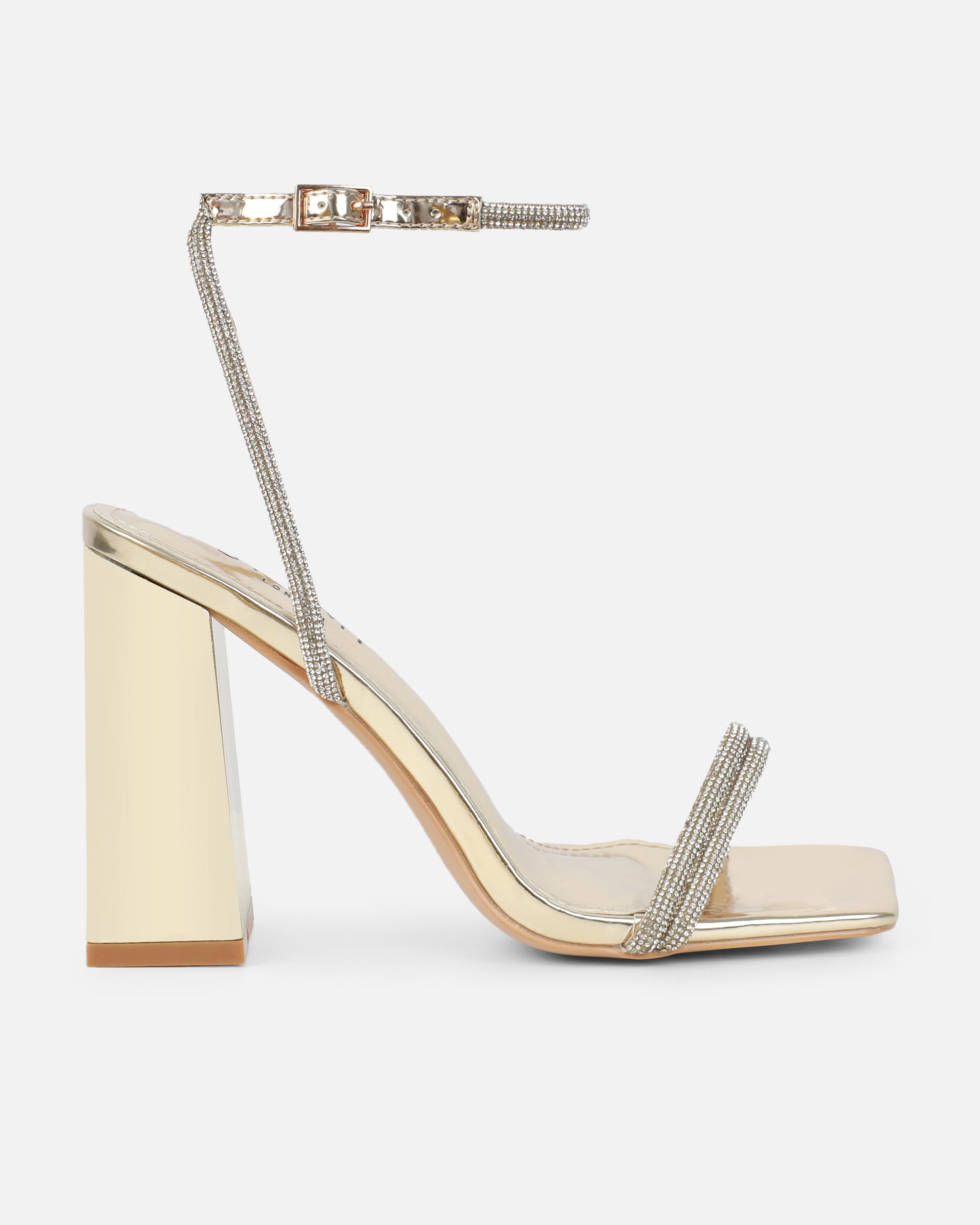 Kinsey Gold Mirror Diamante Block Heeled Sandals | SIMMI London
