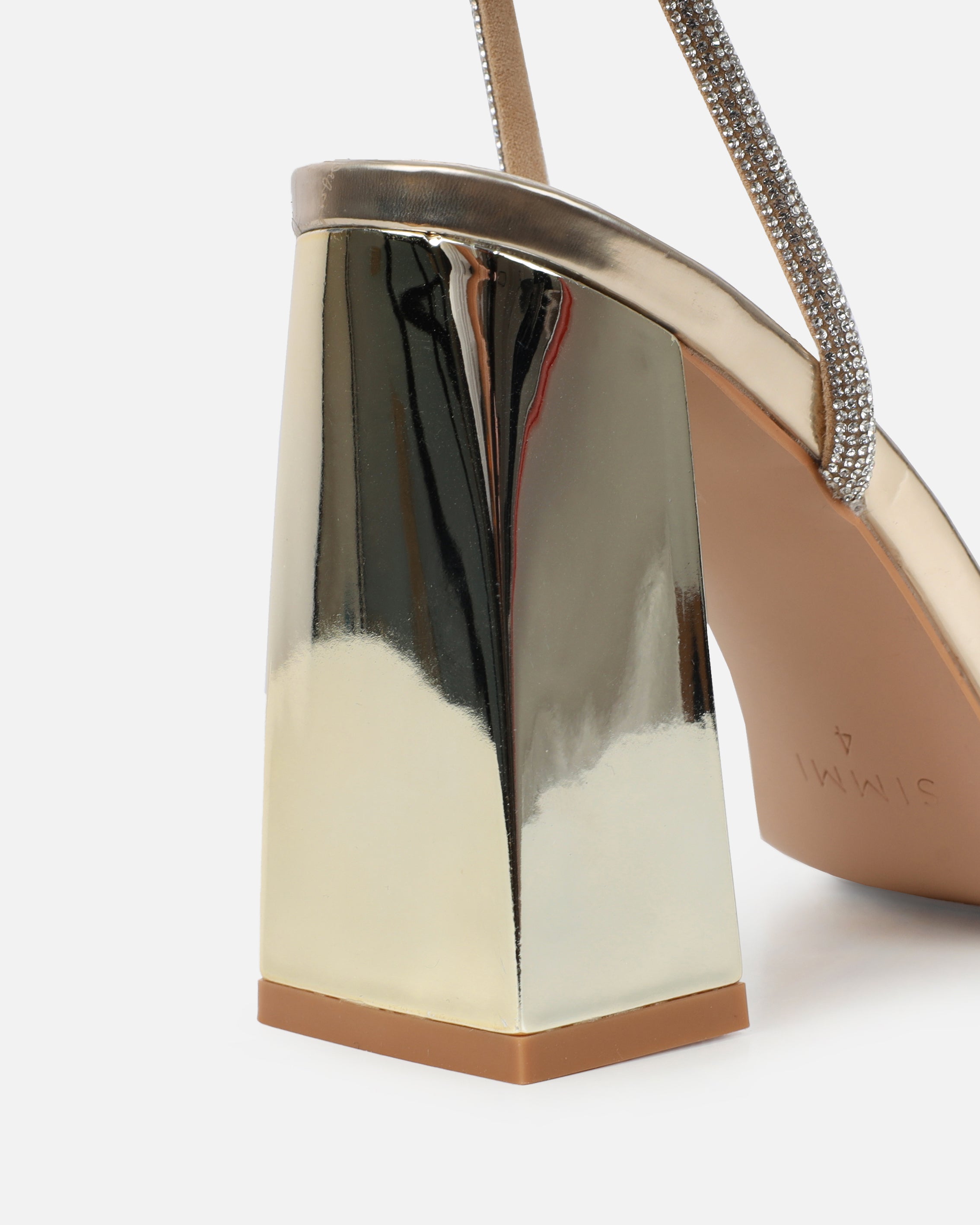 Kinsey Gold Mirror Diamante Block Heeled Sandals | SIMMI London