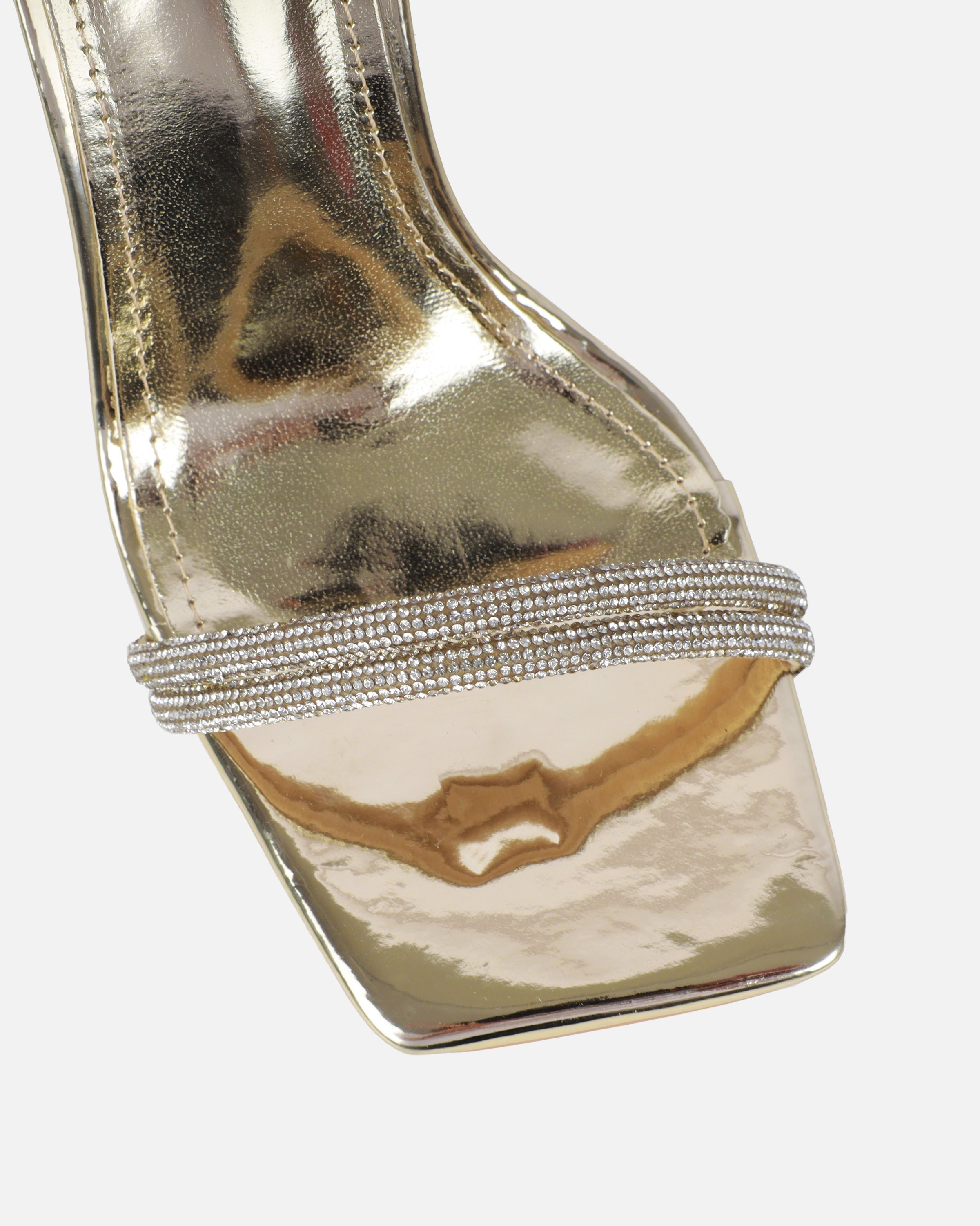 Kinsey Gold Mirror Diamante Block Heeled Sandals | SIMMI London