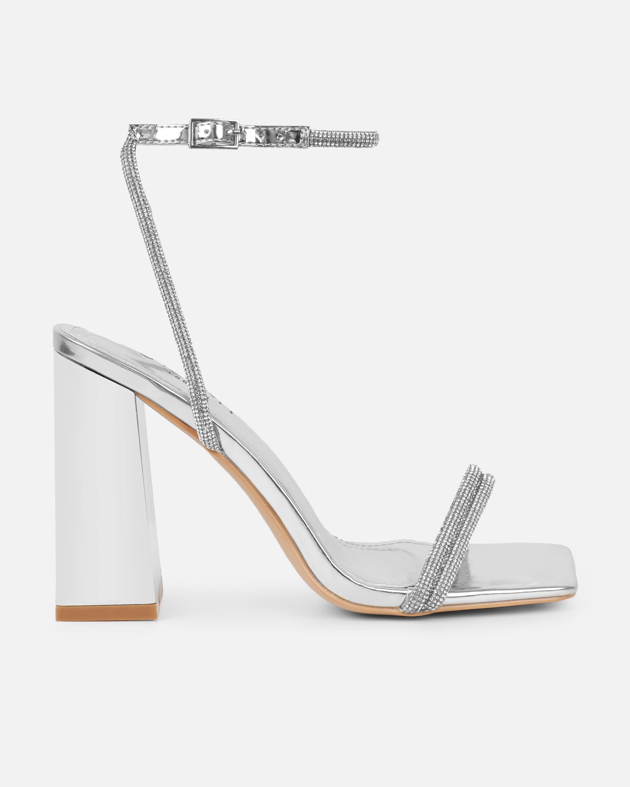 Kinsey Silver Mirror Diamante Block Heeled Dandals | SIMMI London
