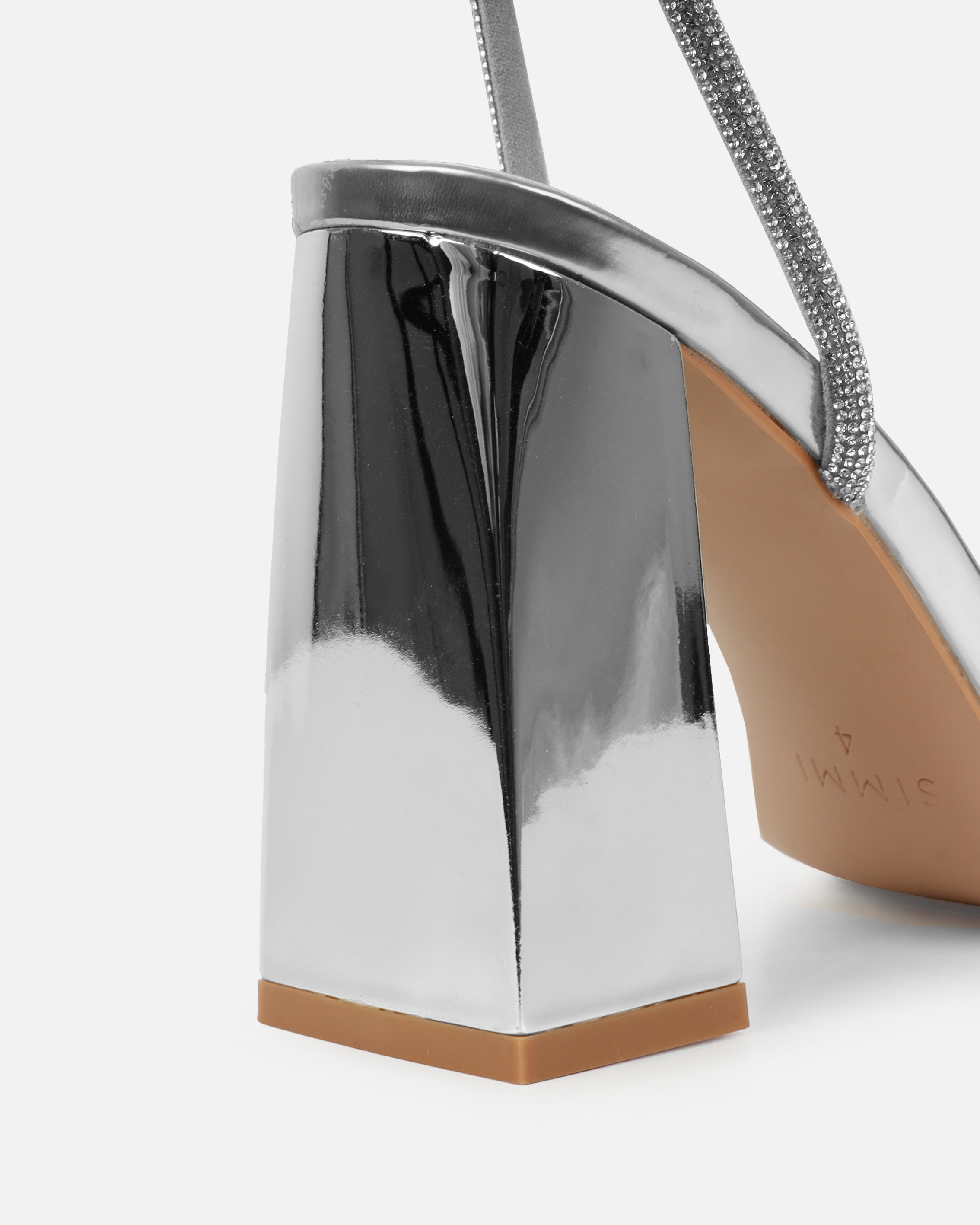 Kinsey Silver Mirror Diamante Block Heeled Dandals | SIMMI London