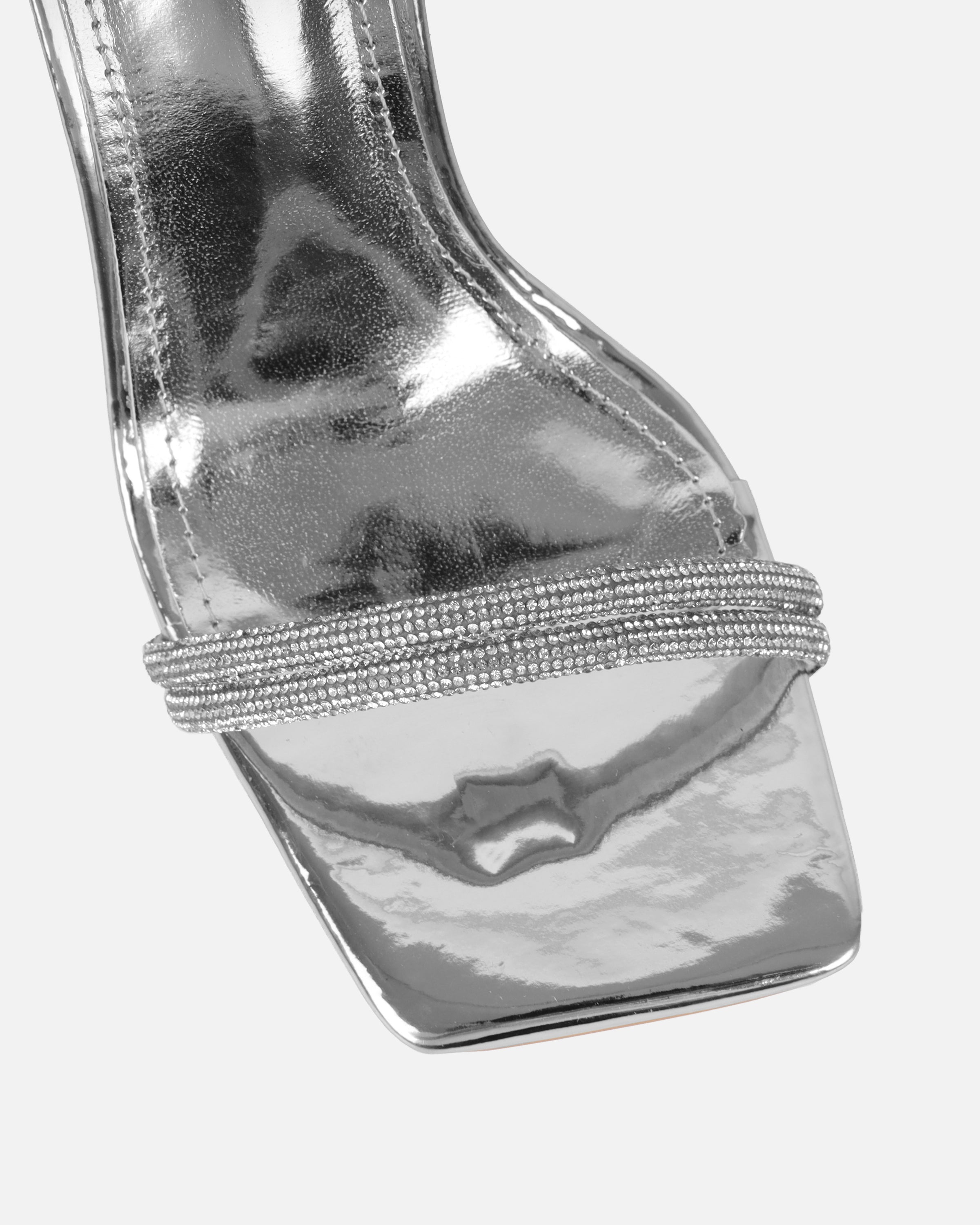 Kinsey Silver Mirror Diamante Block Heeled Dandals | SIMMI London