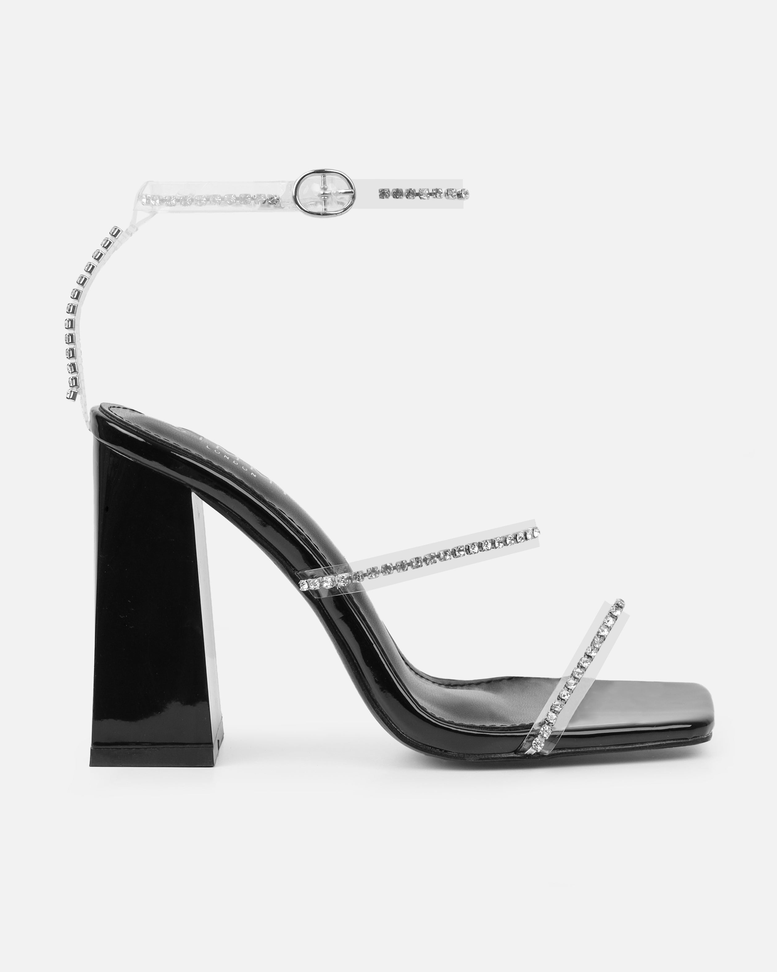 Issy Black Clear Diamante Block Heeled Sandals | SIMMI London
