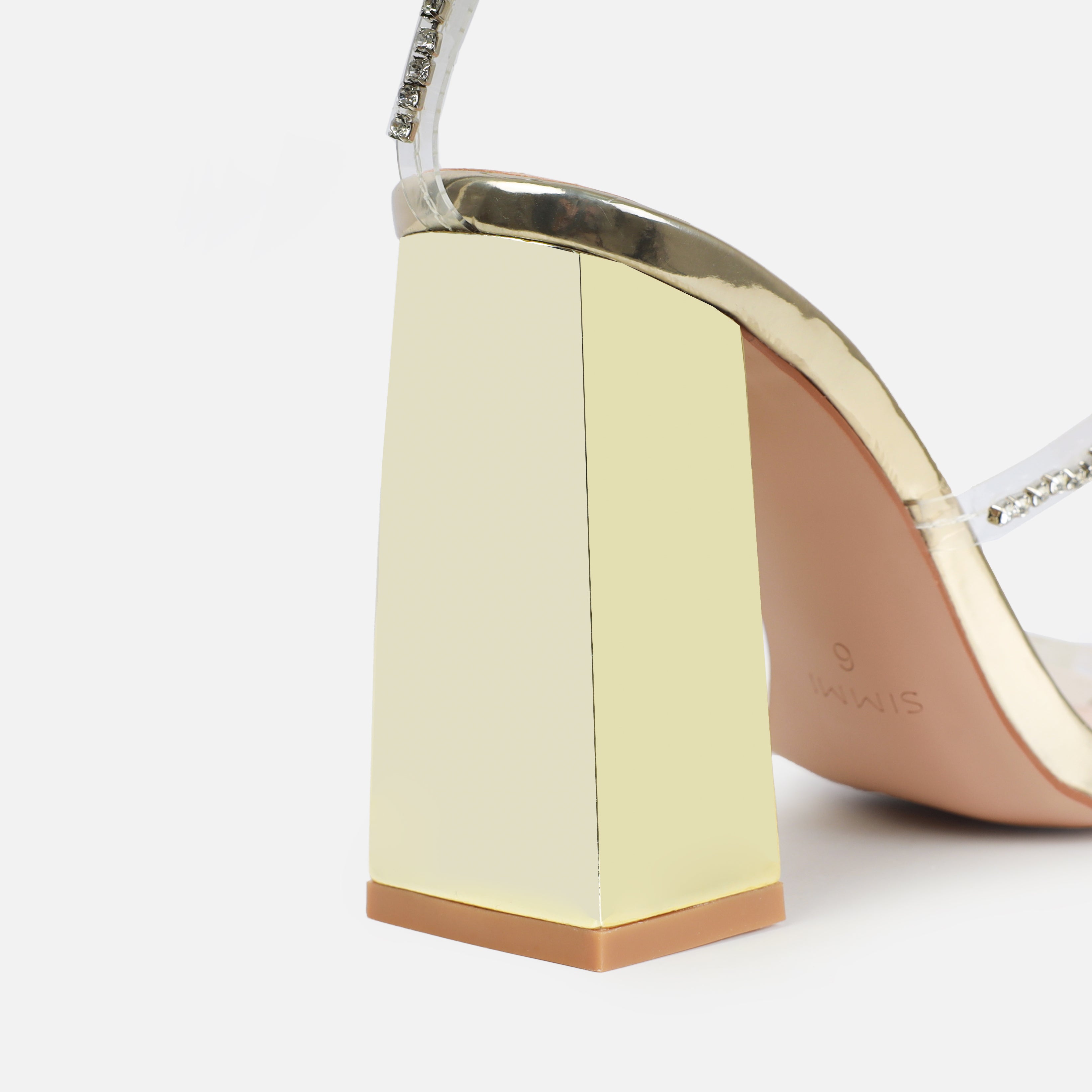 Issy Wide Fit Gold Mirror Diamante Block Heels | SIMMI London
