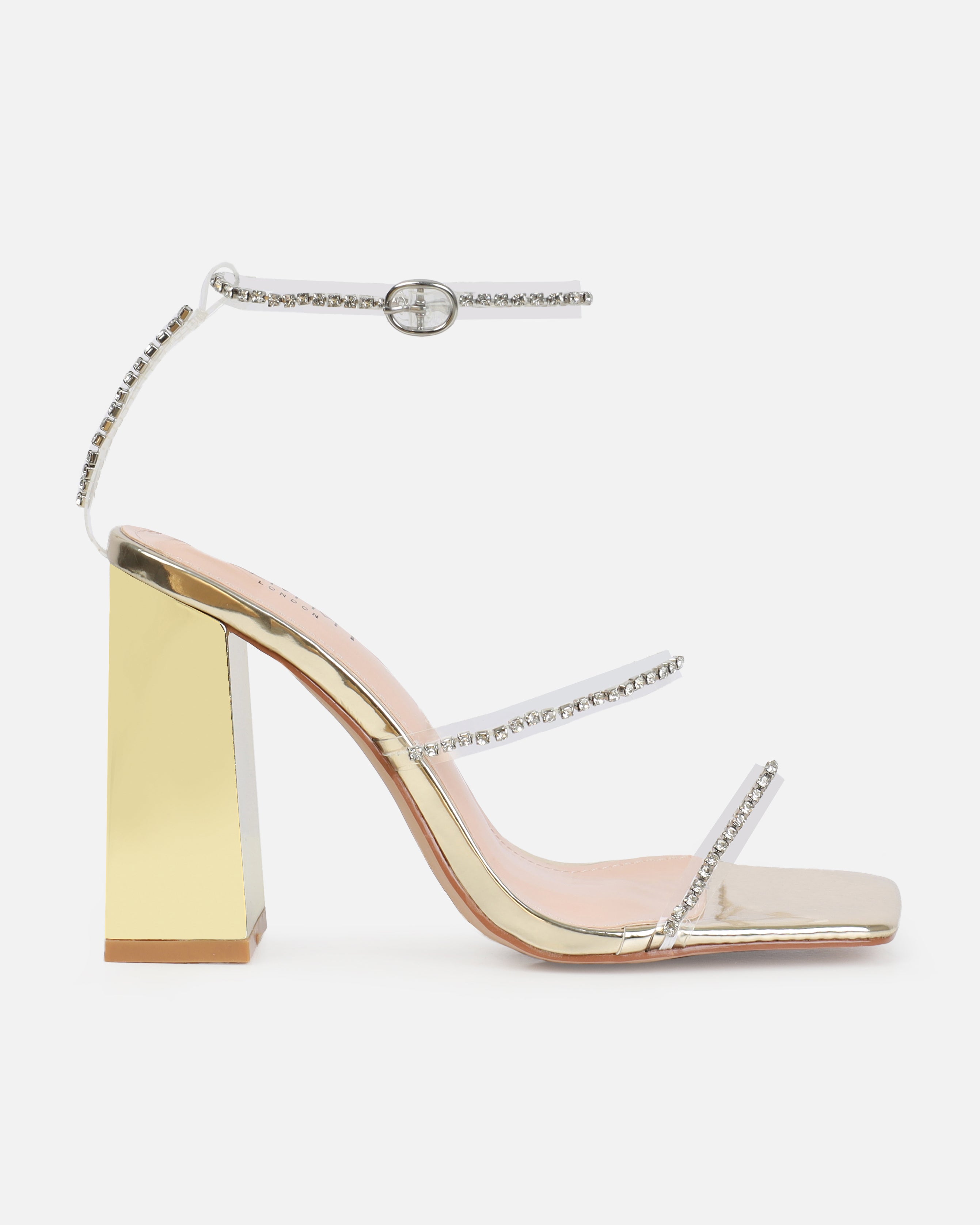 Issy Gold Clear Diamante Block Heels | SIMMI London
