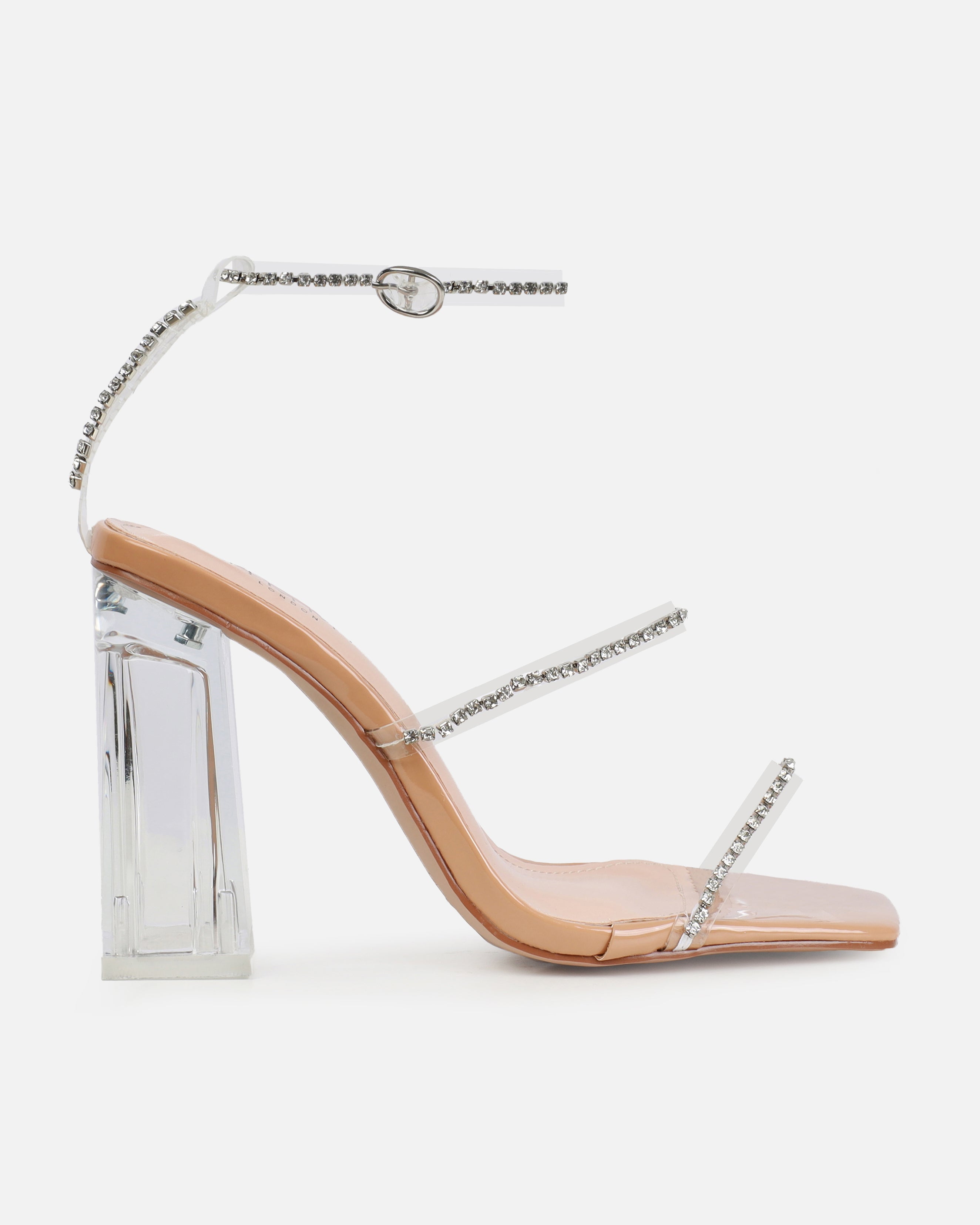 Issy Nude Patent Clear Diamante Block Heels | SIMMI London