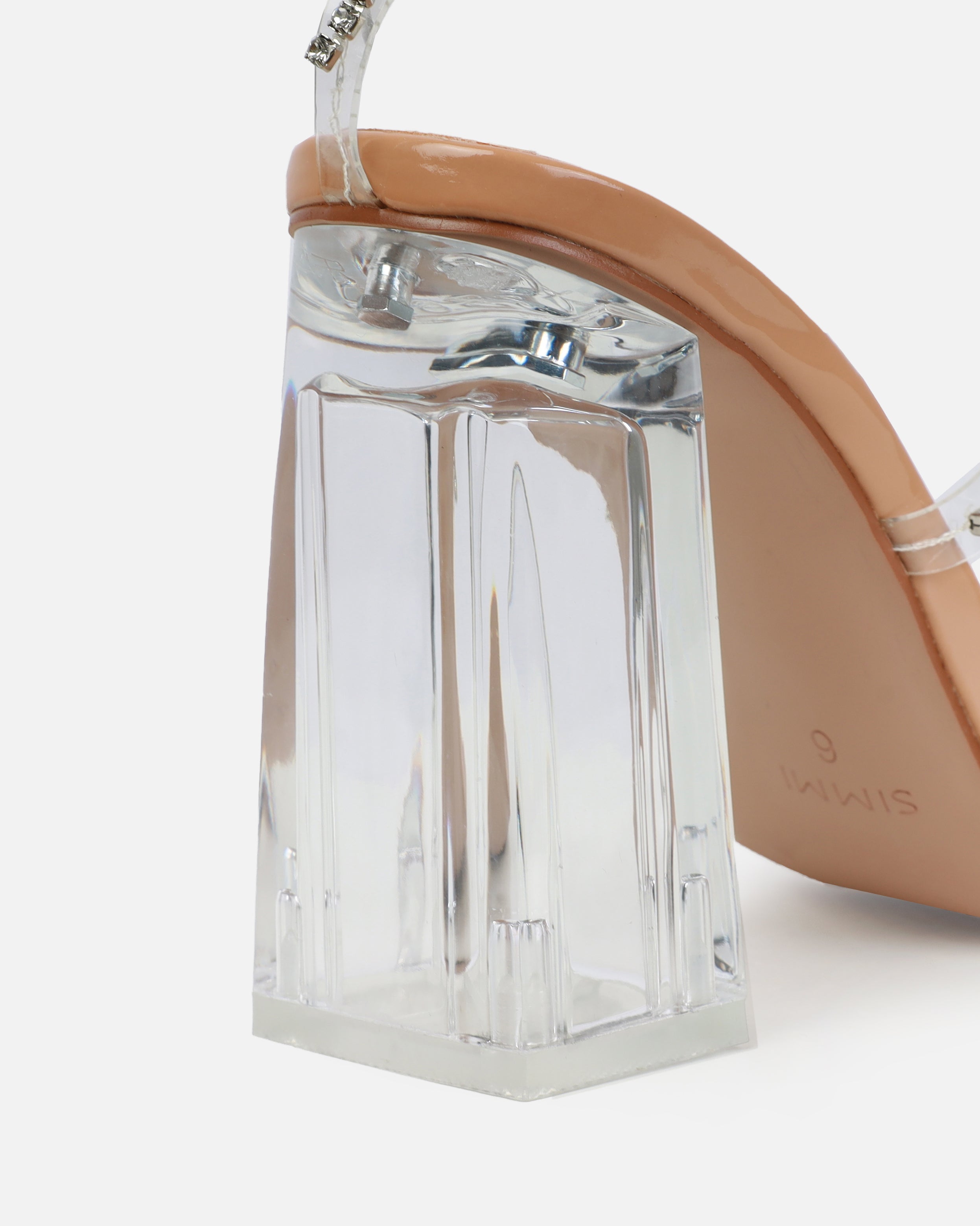 Issy Nude Patent Clear Diamante Block Heels | SIMMI London