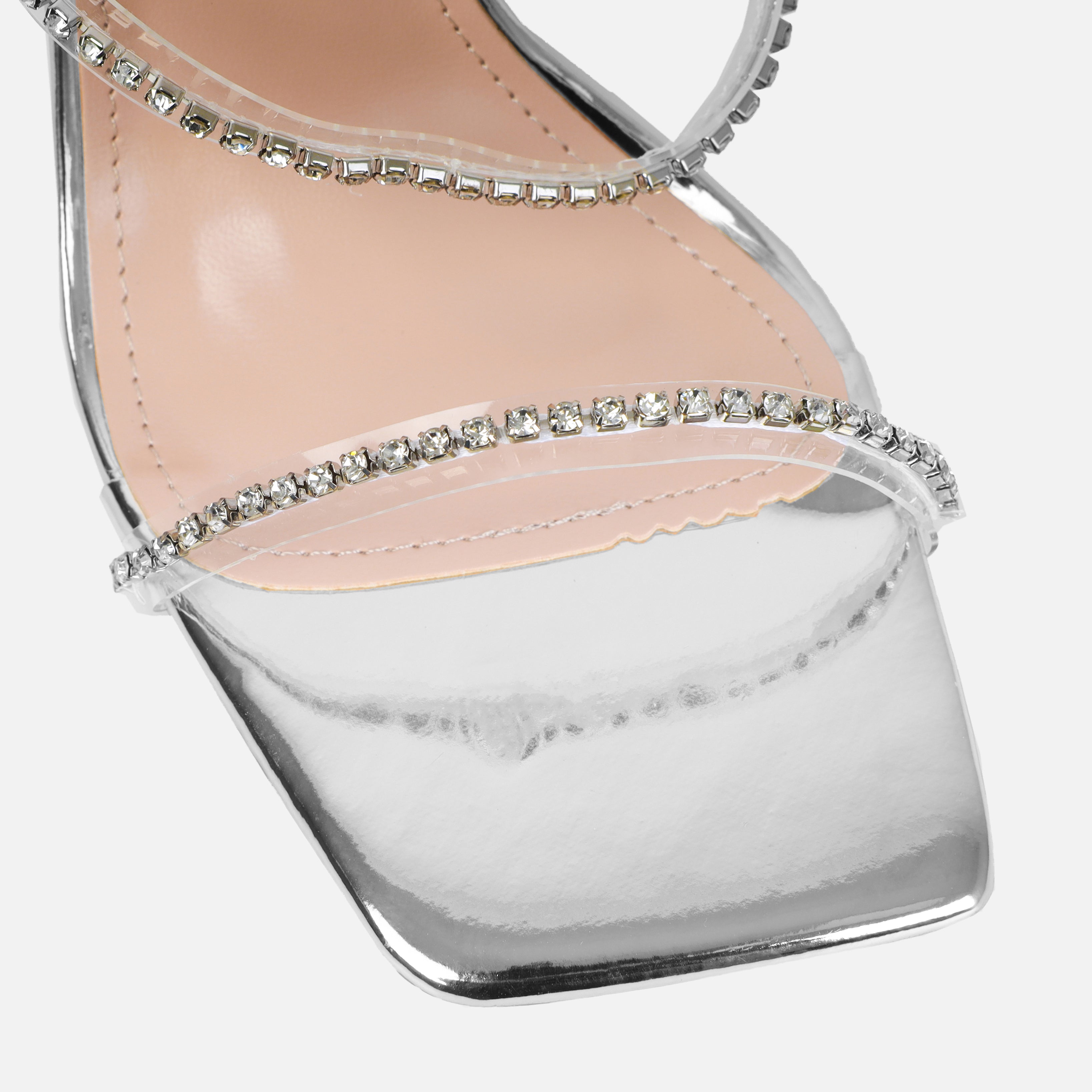 Issy Wide Fit Silver Mirror Diamante Block Heels | SIMMI London