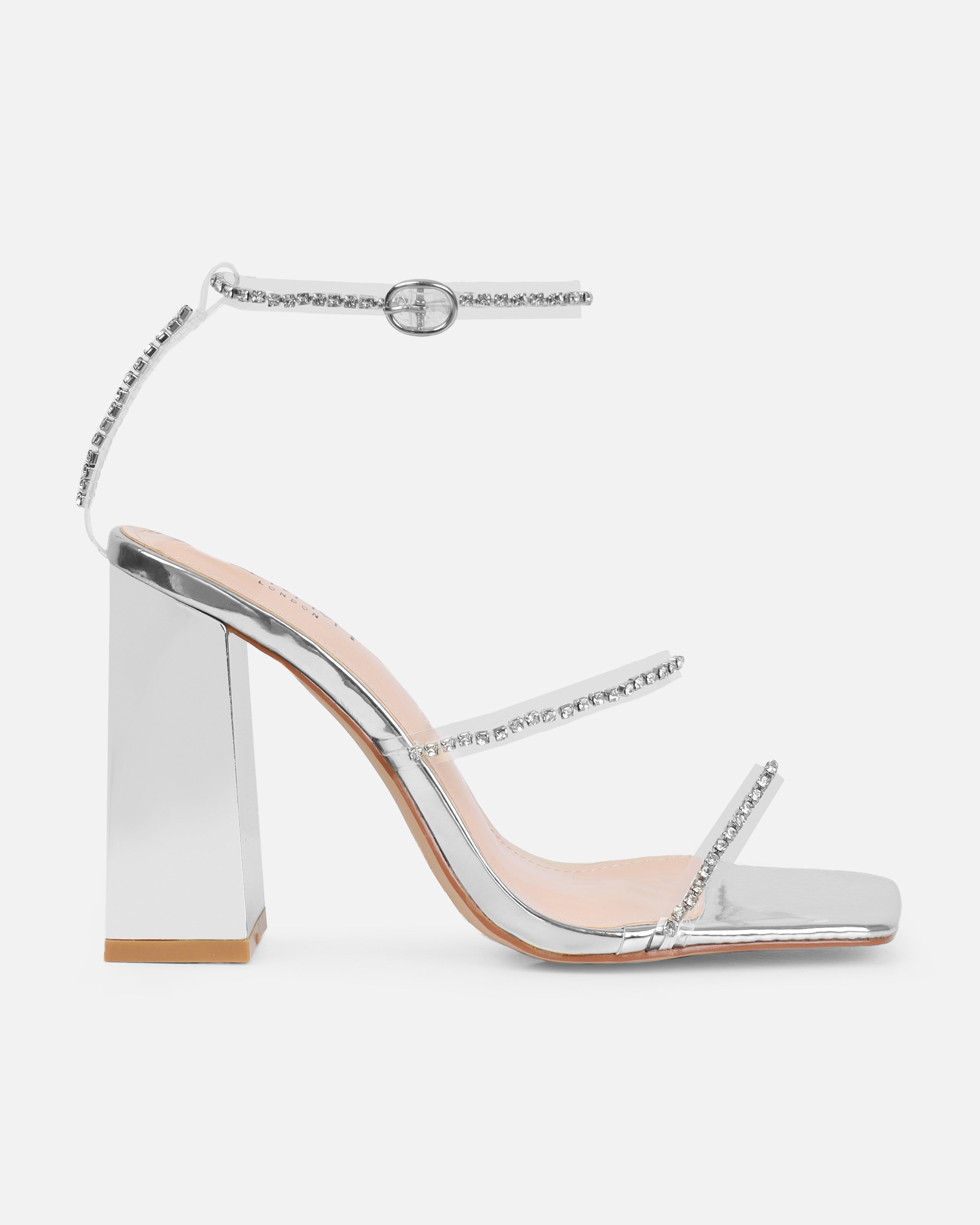Issy Silver Clear Diamante Block Heels | SIMMI London