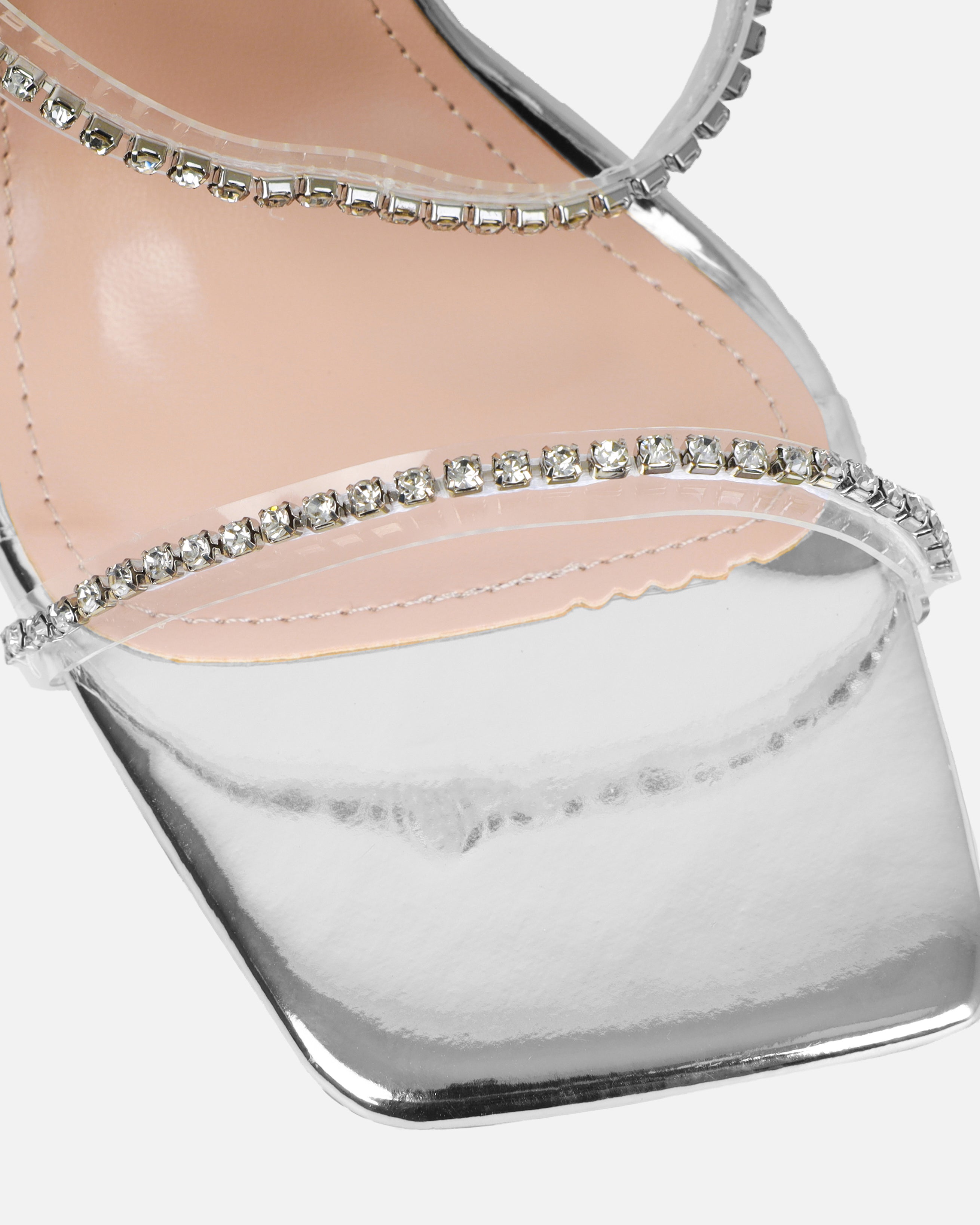 Issy Silver Clear Diamante Block Heels | SIMMI London