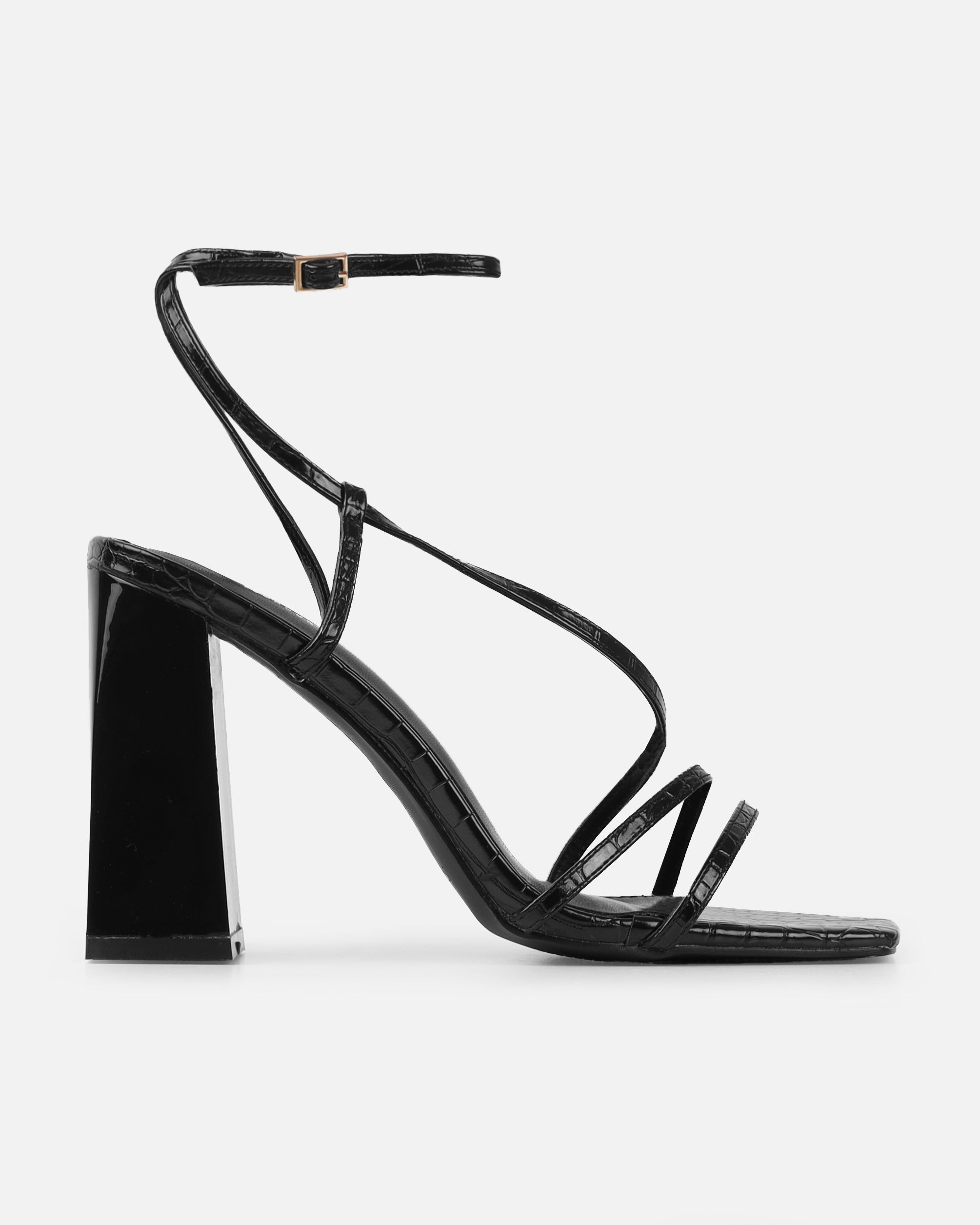 Madisyn Black Faux Croc Print Strappy Block Heels | SIMMI London