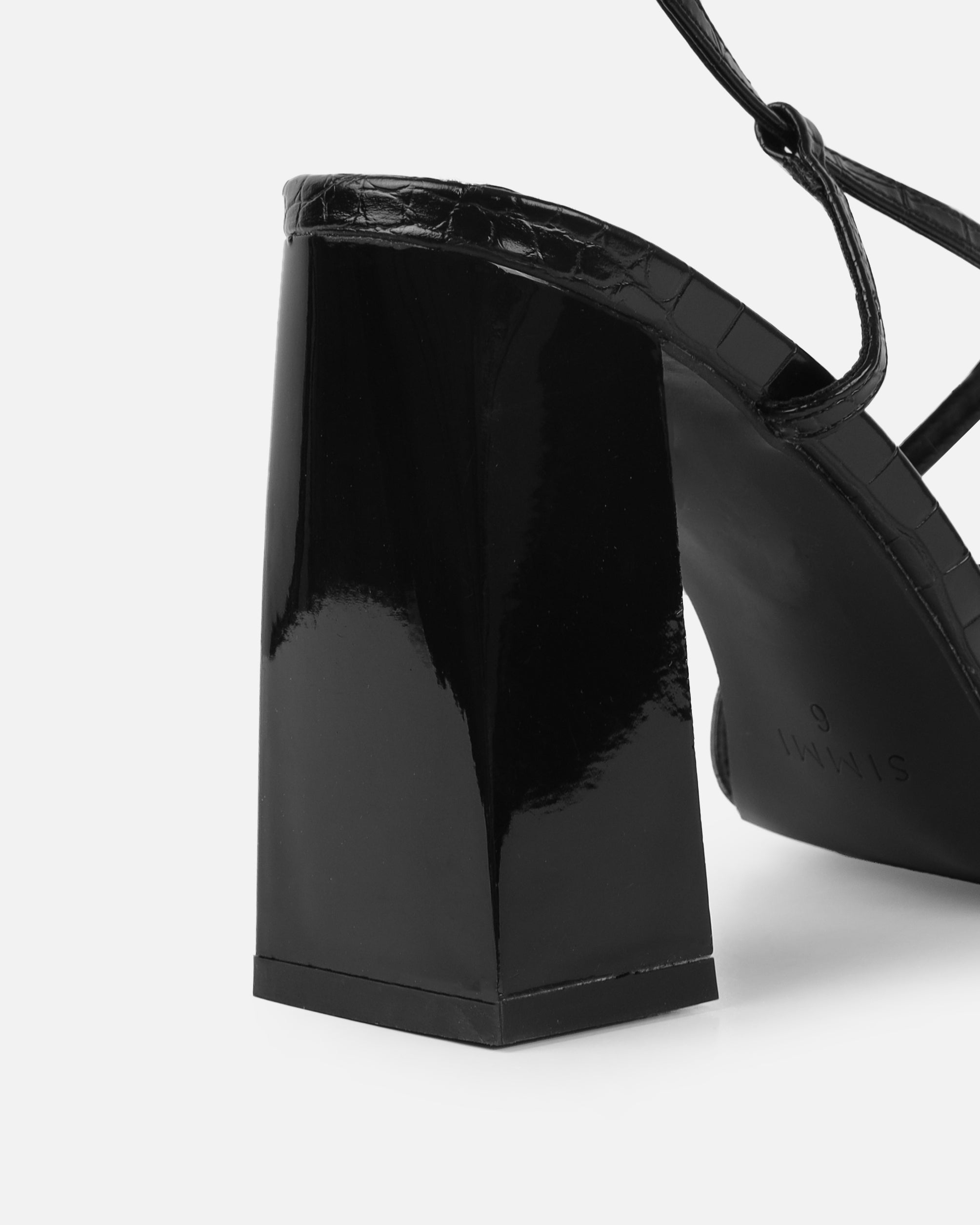 Madisyn Black Faux Croc Print Strappy Block Heels | SIMMI London