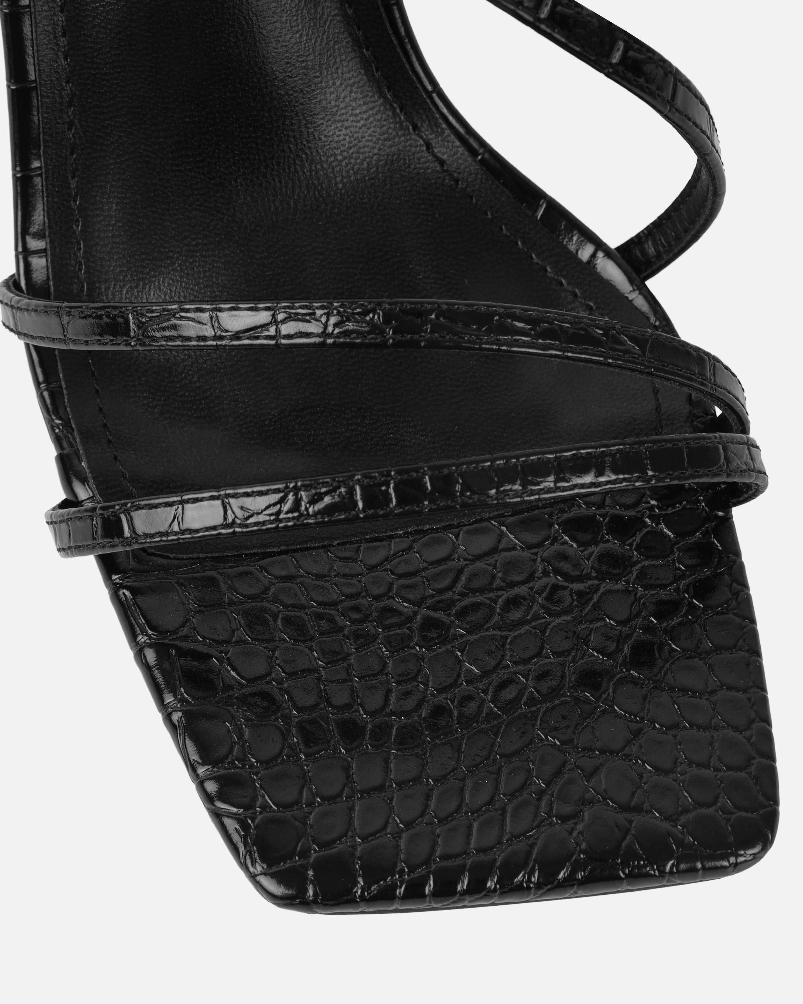 Madisyn Black Faux Croc Print Strappy Block Heels | SIMMI London