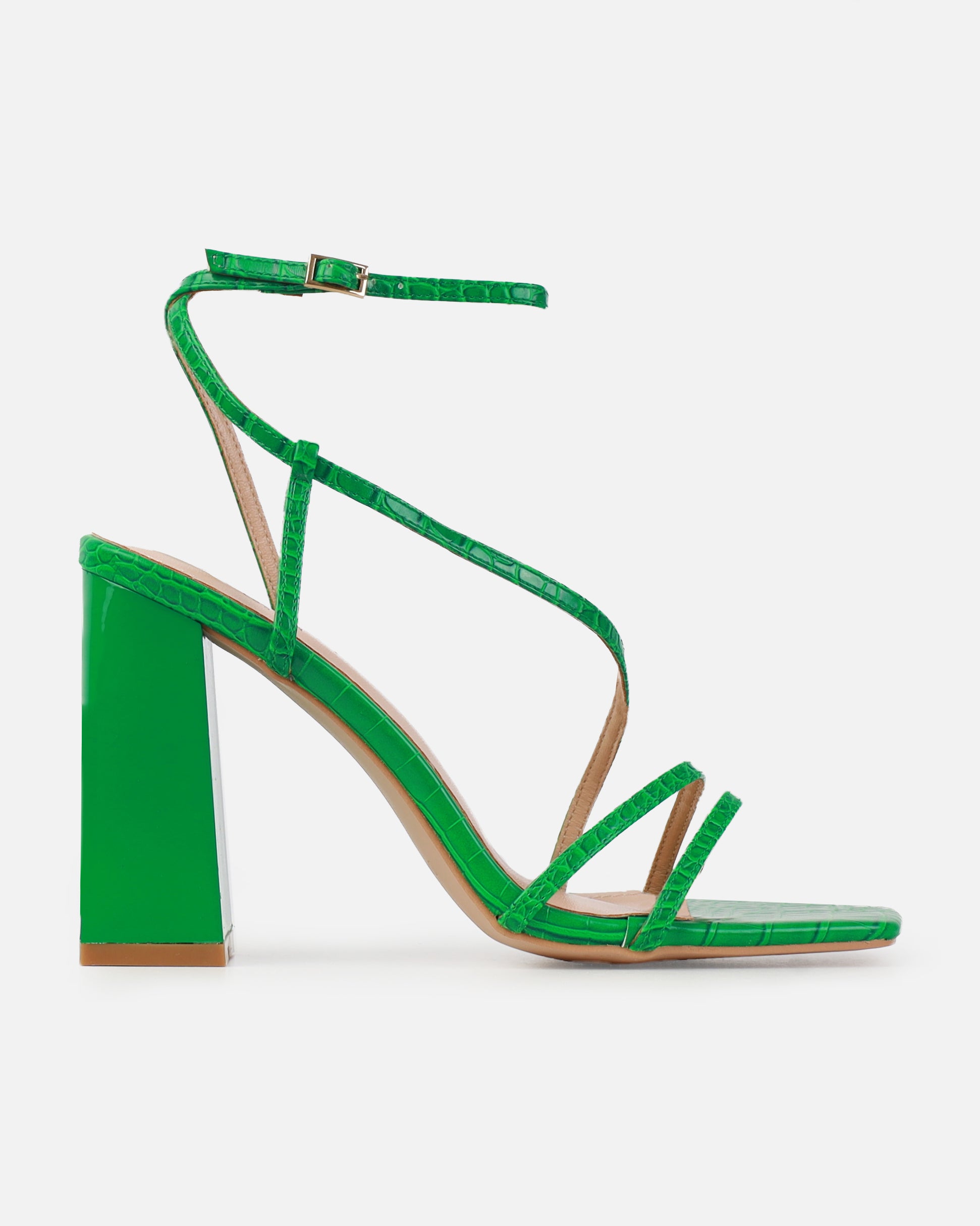 Madisyn Green Faux Croc Print Strappy Block Heels | SIMMI London