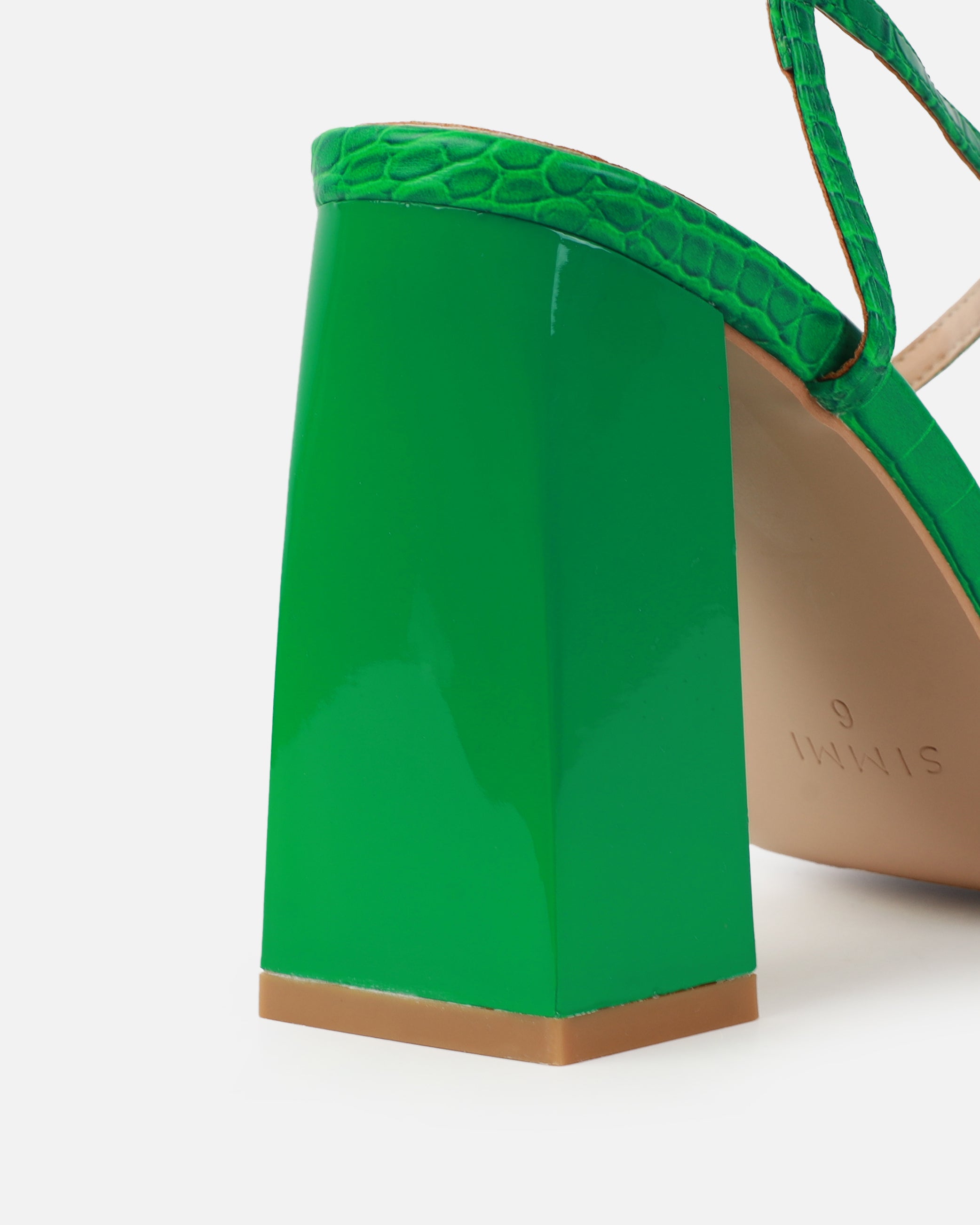 Madisyn Green Faux Croc Print Strappy Block Heels | SIMMI London