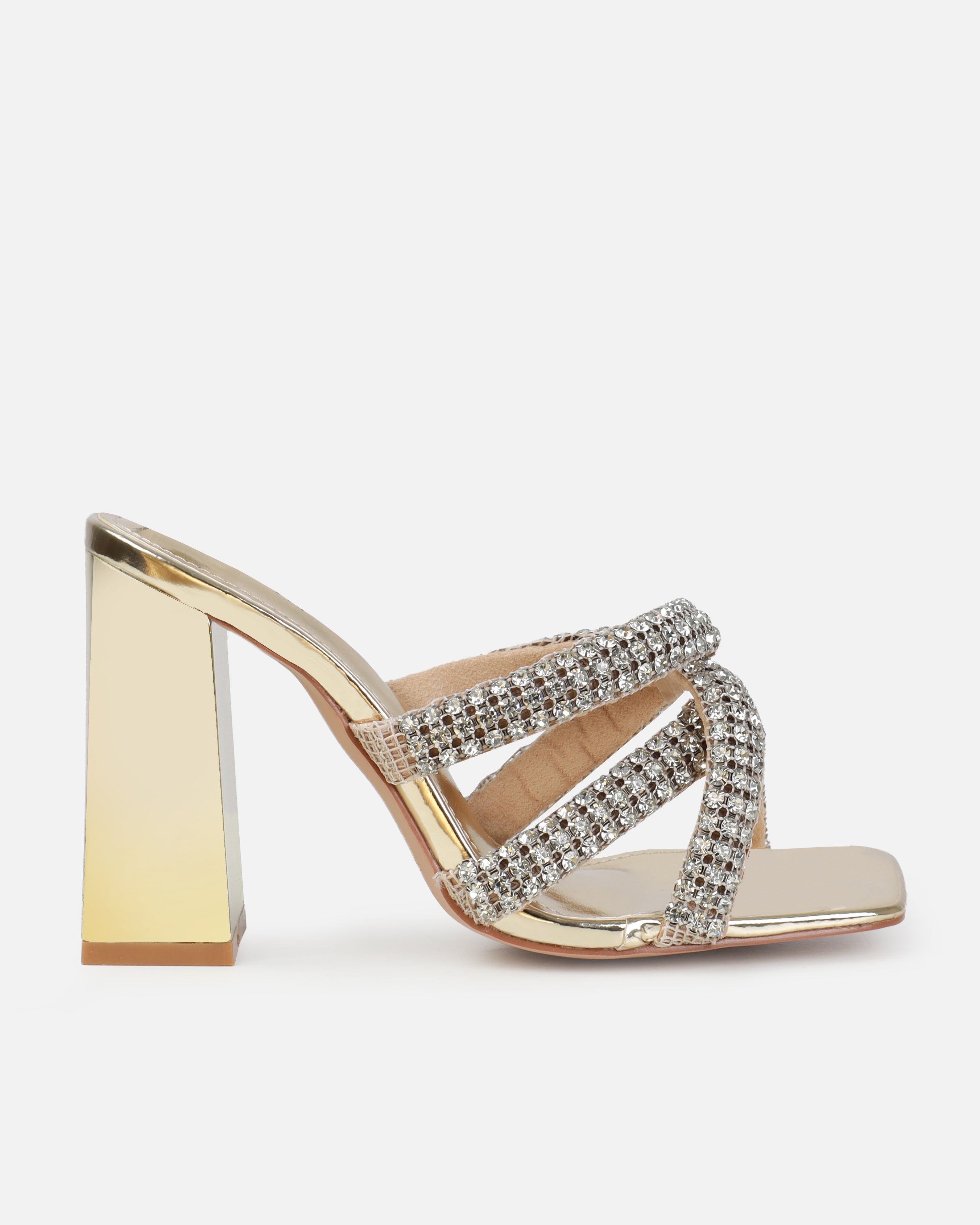 Davitah Gold Diamante Block Heel Mules | SIMMI London