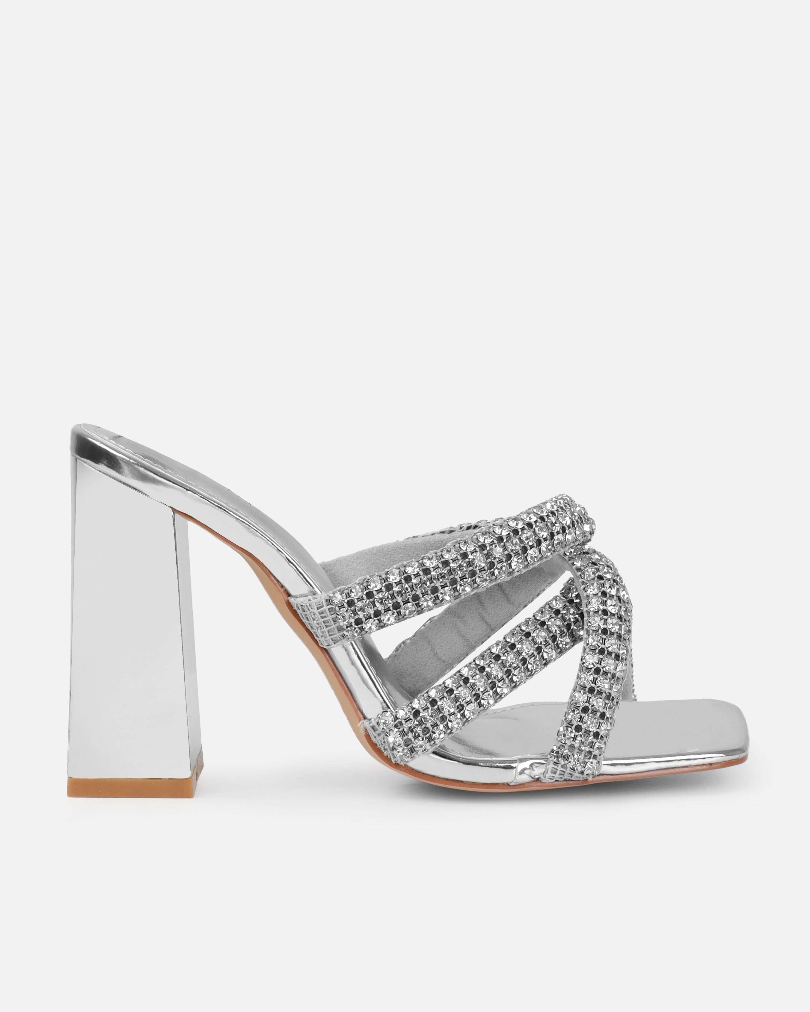Davitah Silver Diamante Block Heel Mules | SIMMI London