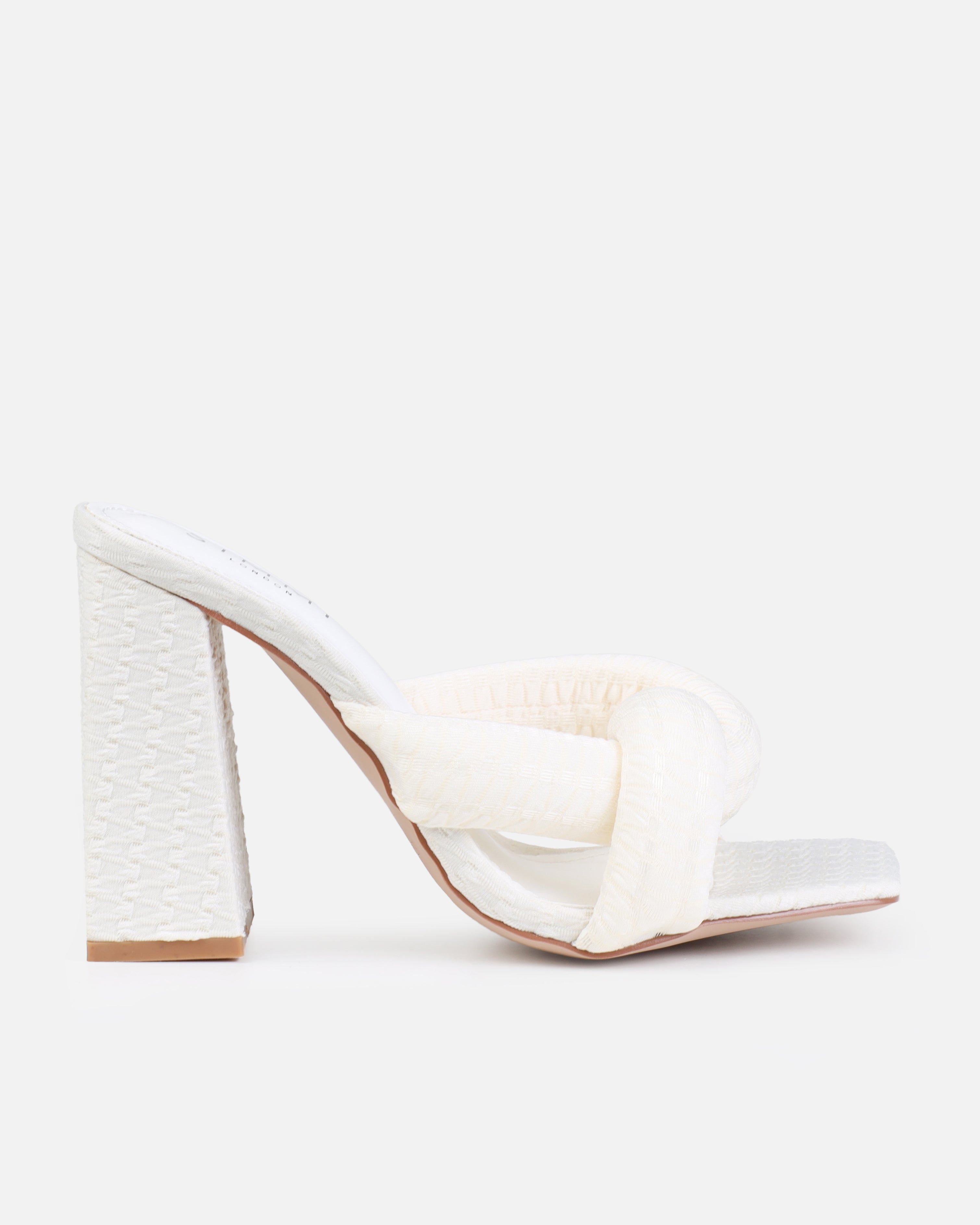 Tasha Ghouri Oona White Textured Twist Block Mules | SIMMI London