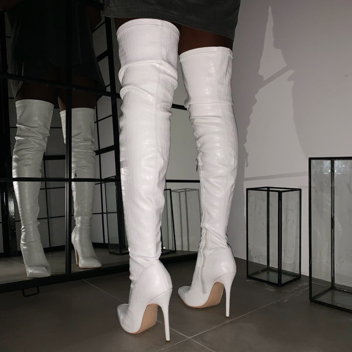Isabel White Croc Print Thigh High Stiletto Boots Simmi London