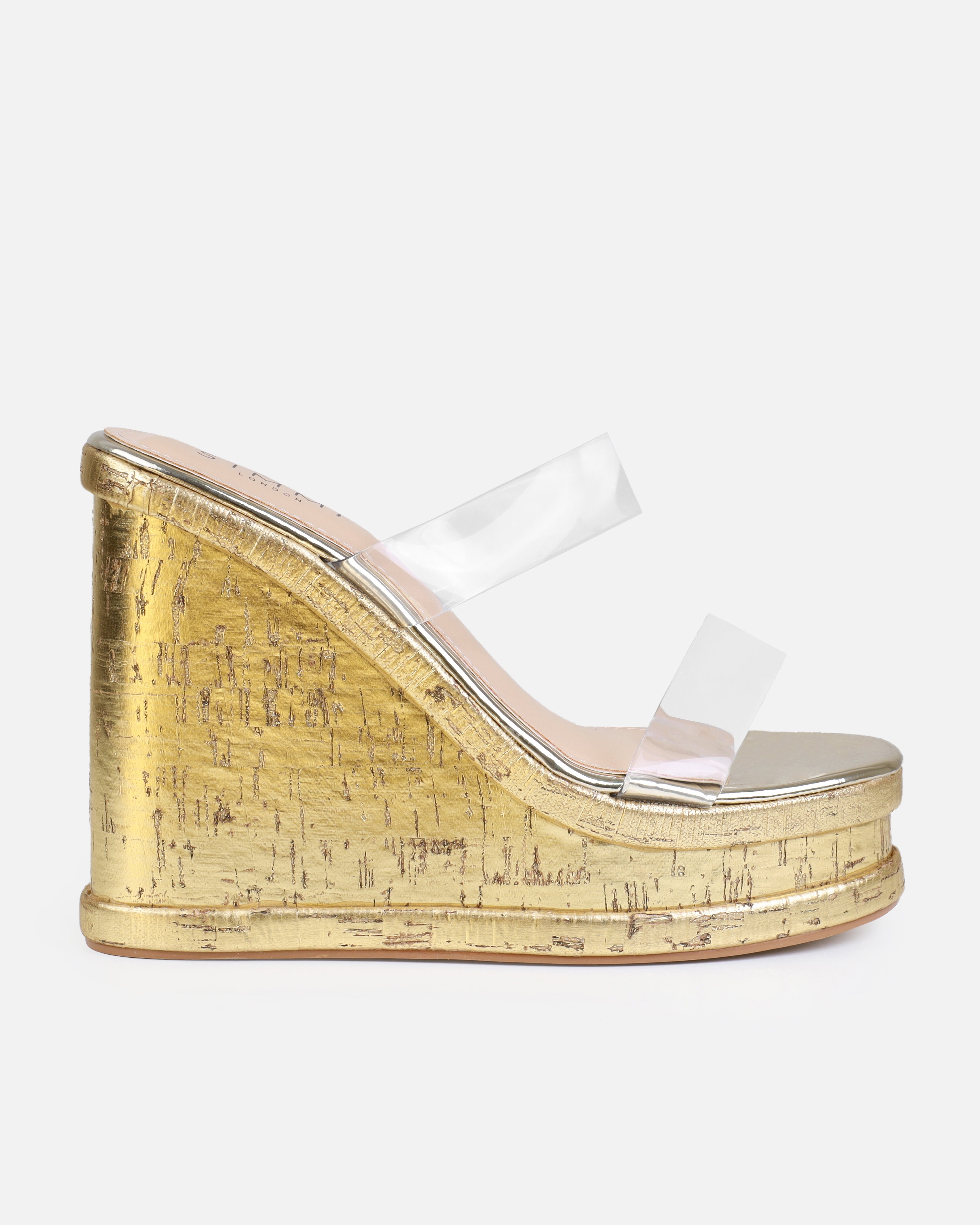 Isabelle Gold Clear Mule Wedges | SIMMI London