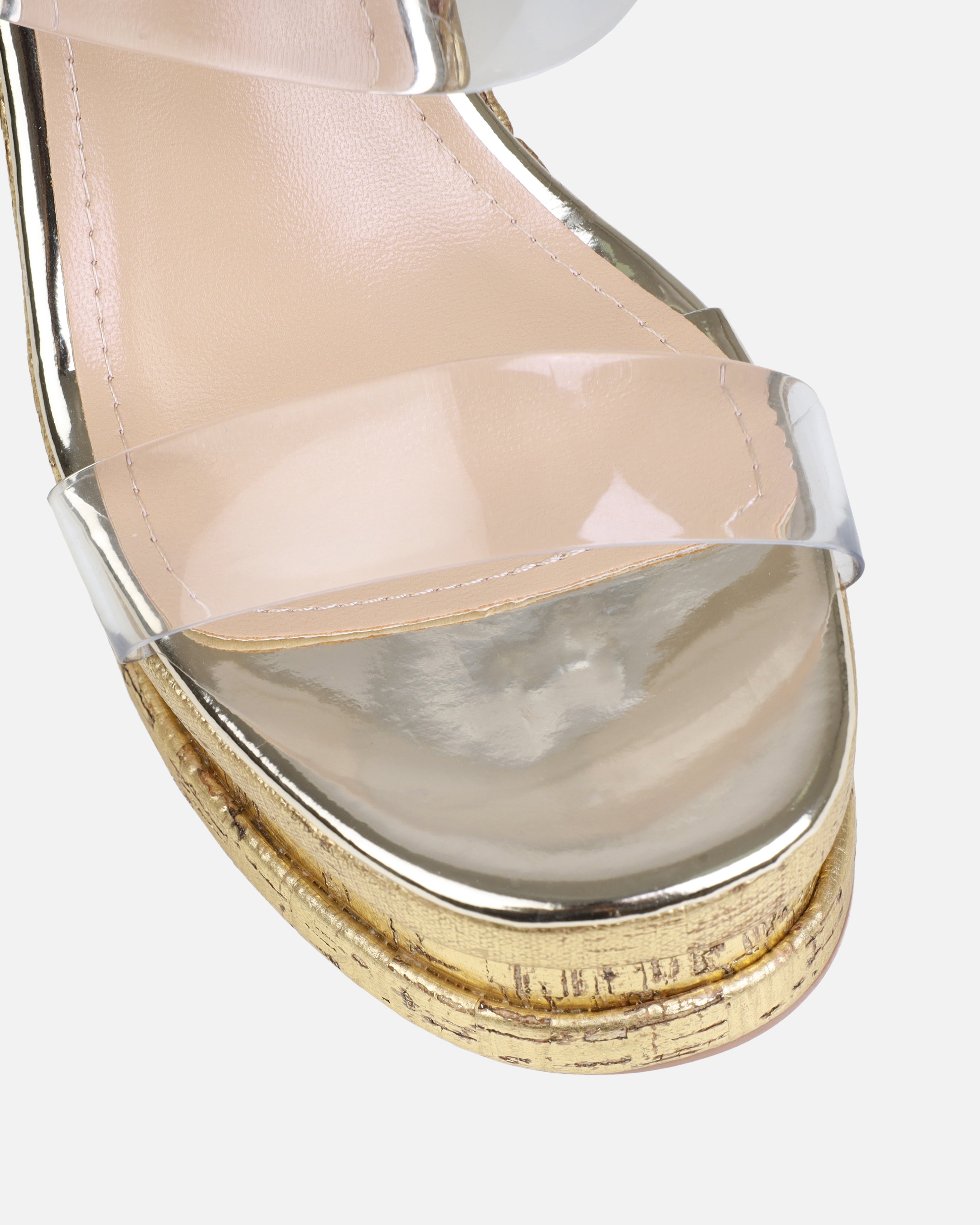 Isabelle Gold Clear Mule Wedges | SIMMI London
