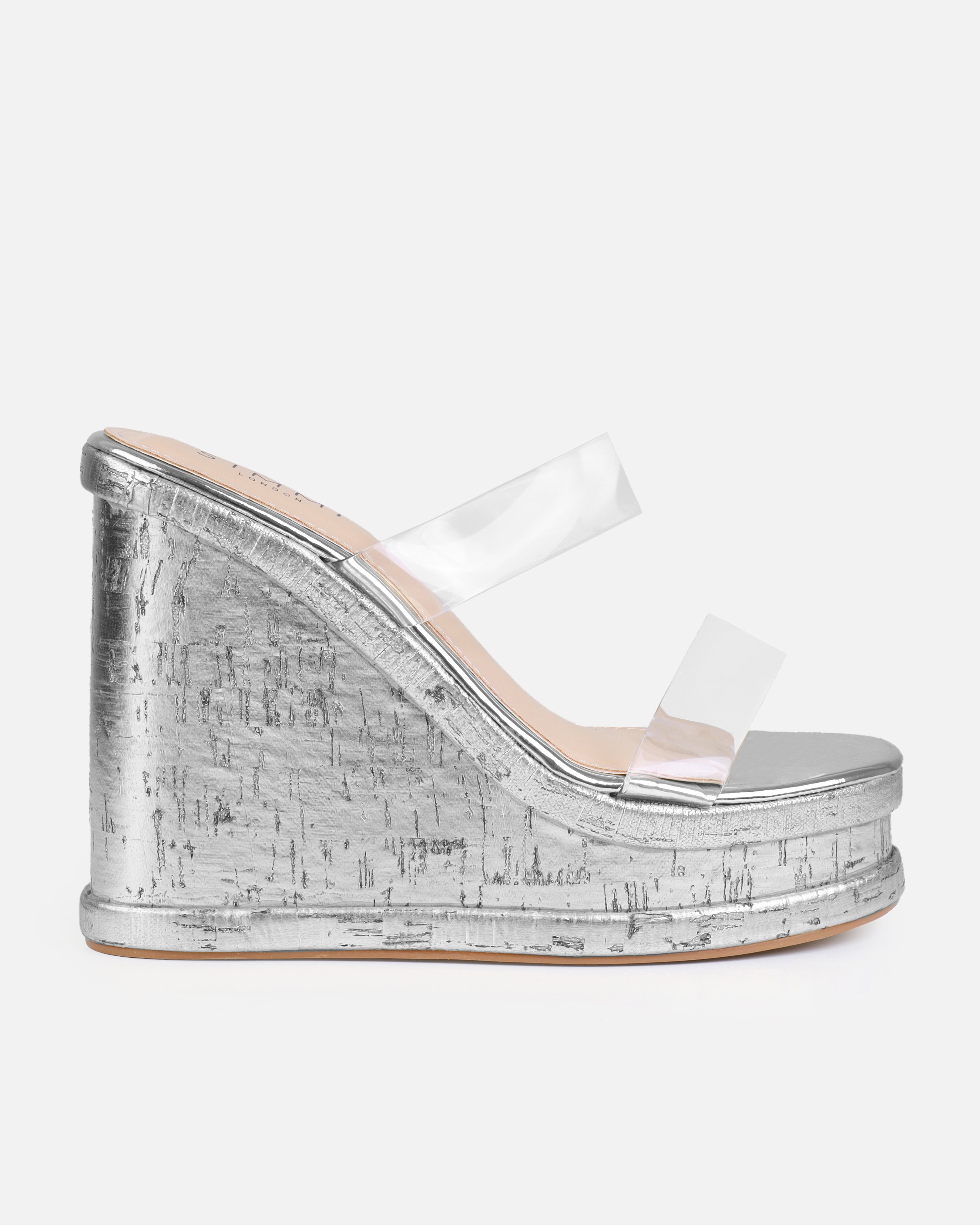 Isabelle Silver Clear Mule Wedges | SIMMI London