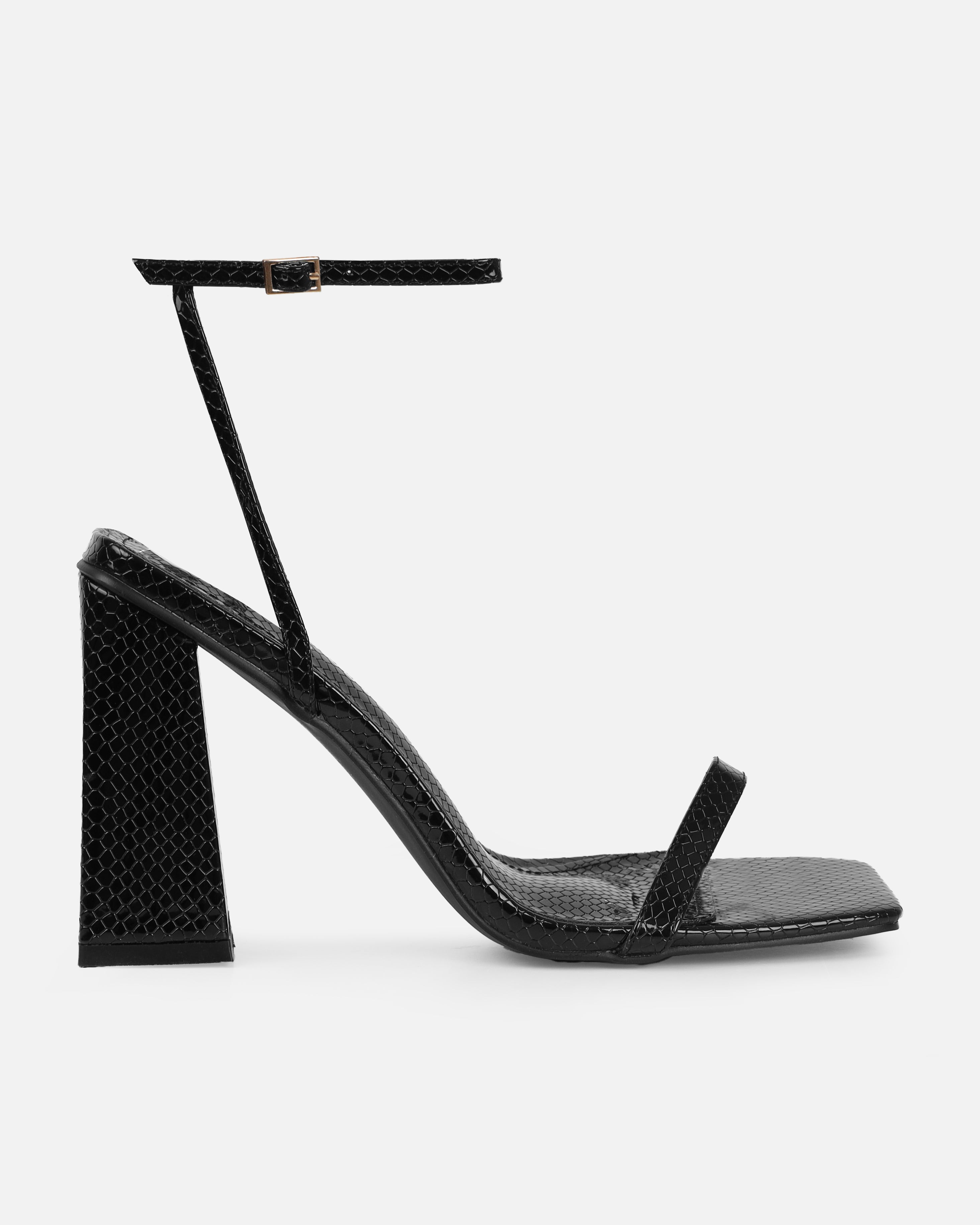 Ishani Black Faux Snake Print Block Heels | SIMMI London