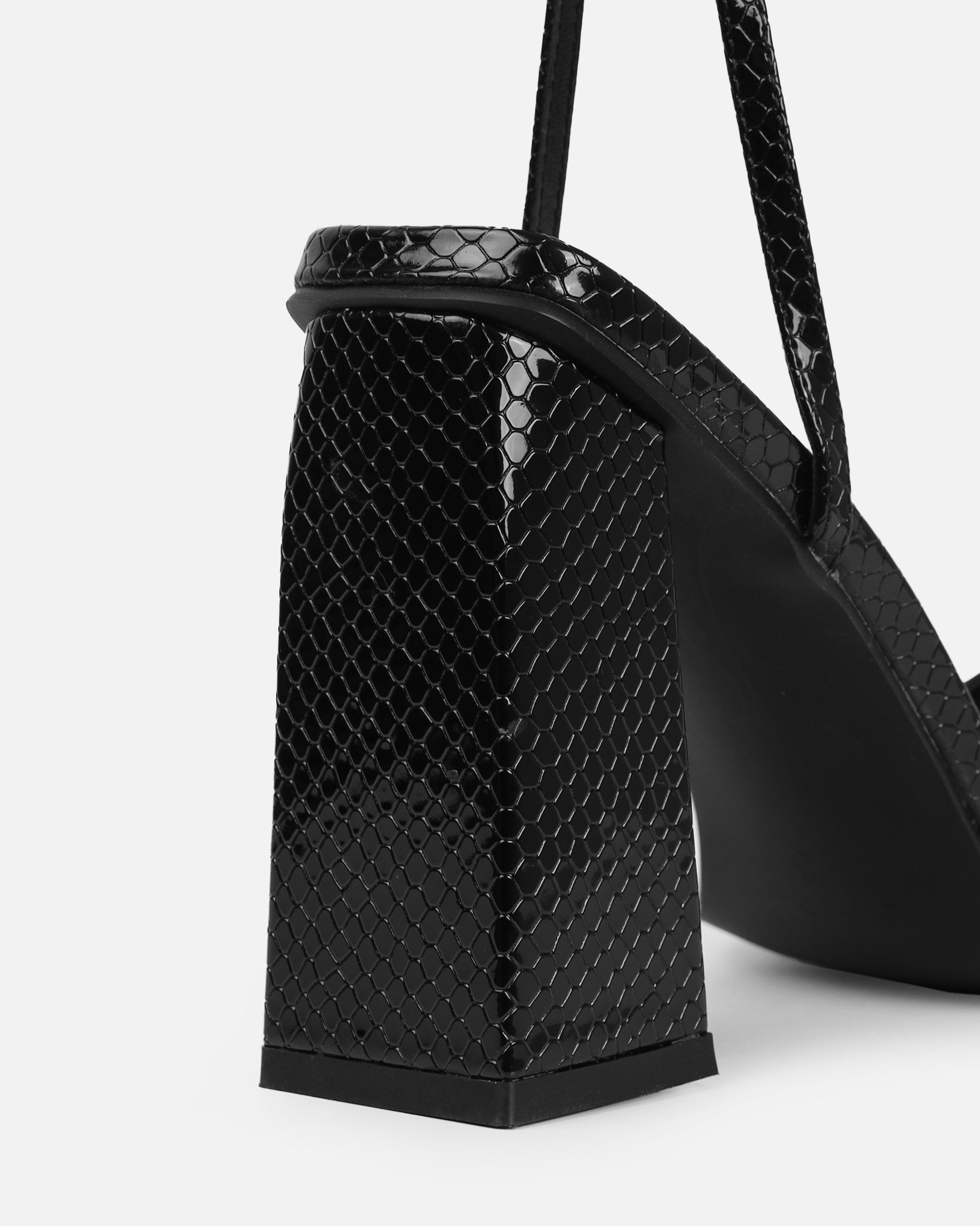 Ishani Black Faux Snake Print Block Heels | SIMMI London