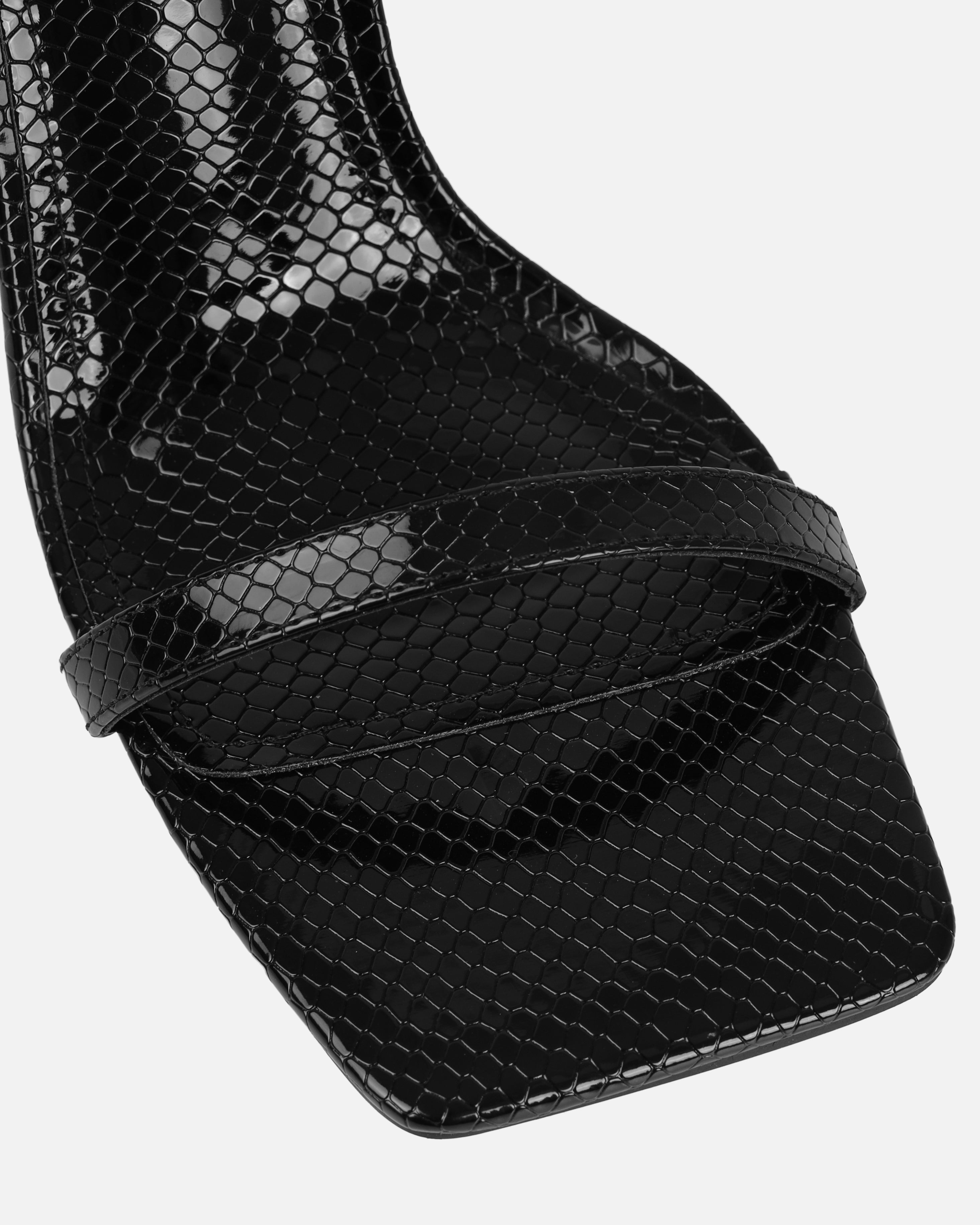 Ishani Black Faux Snake Print Block Heels | SIMMI London