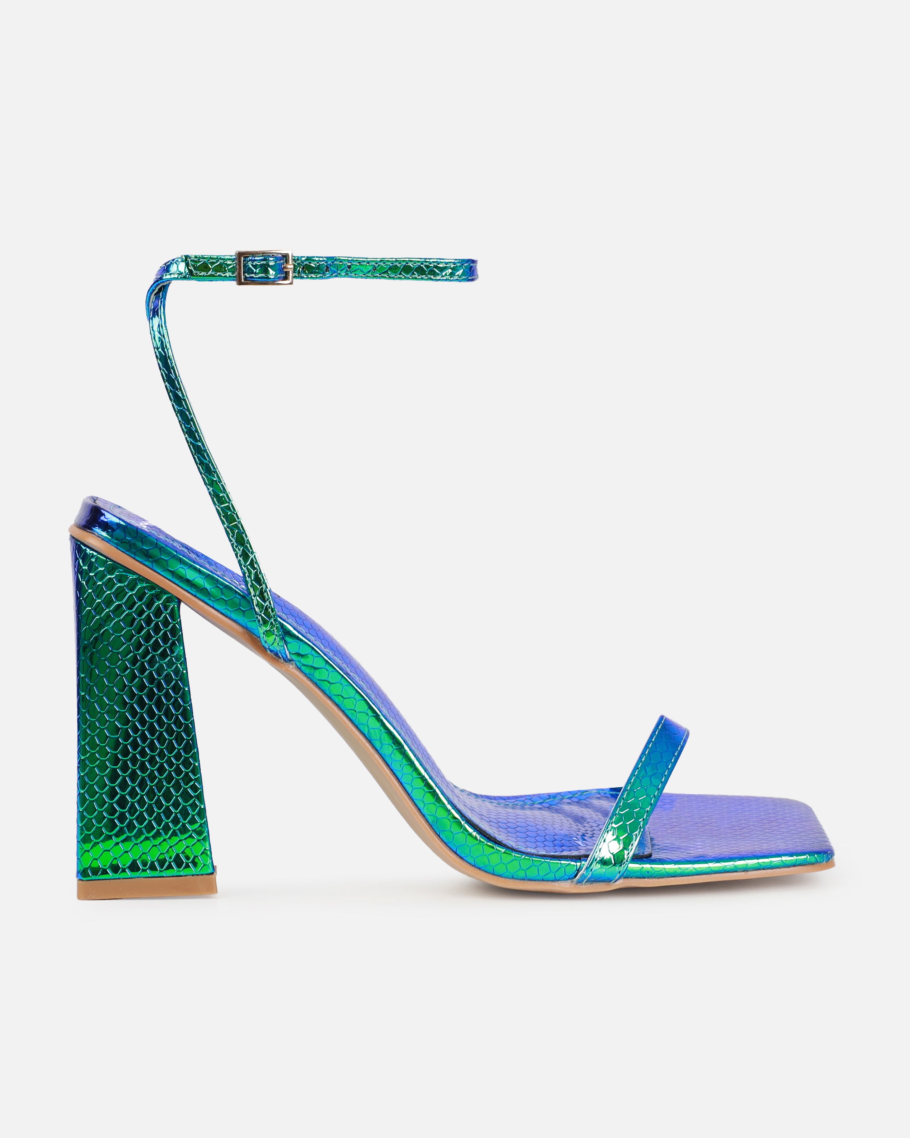 Ishani Blue Metallic Faux Snake Print Block Heels | SIMMI London