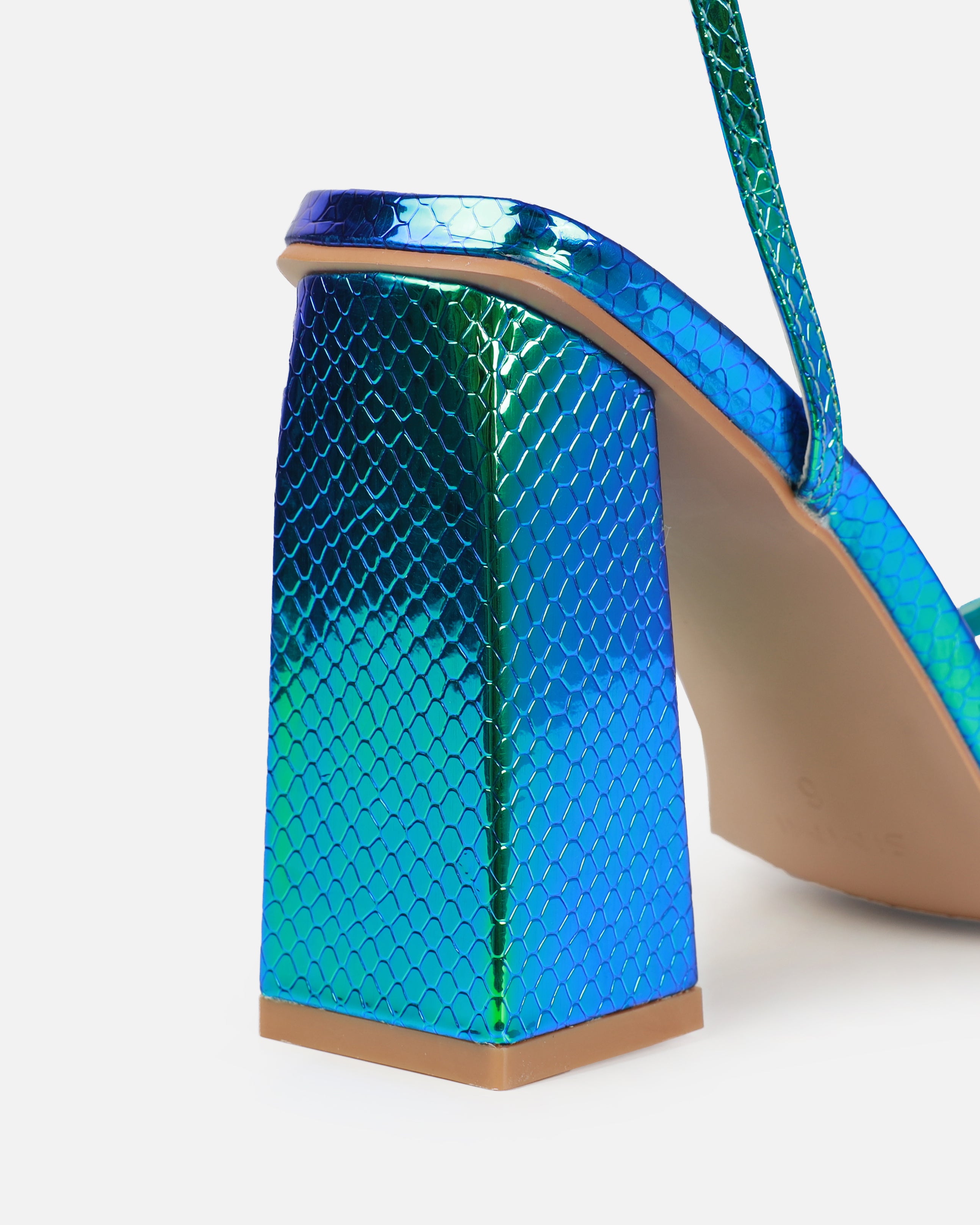 Ishani Blue Metallic Faux Snake Print Block Heels | SIMMI London