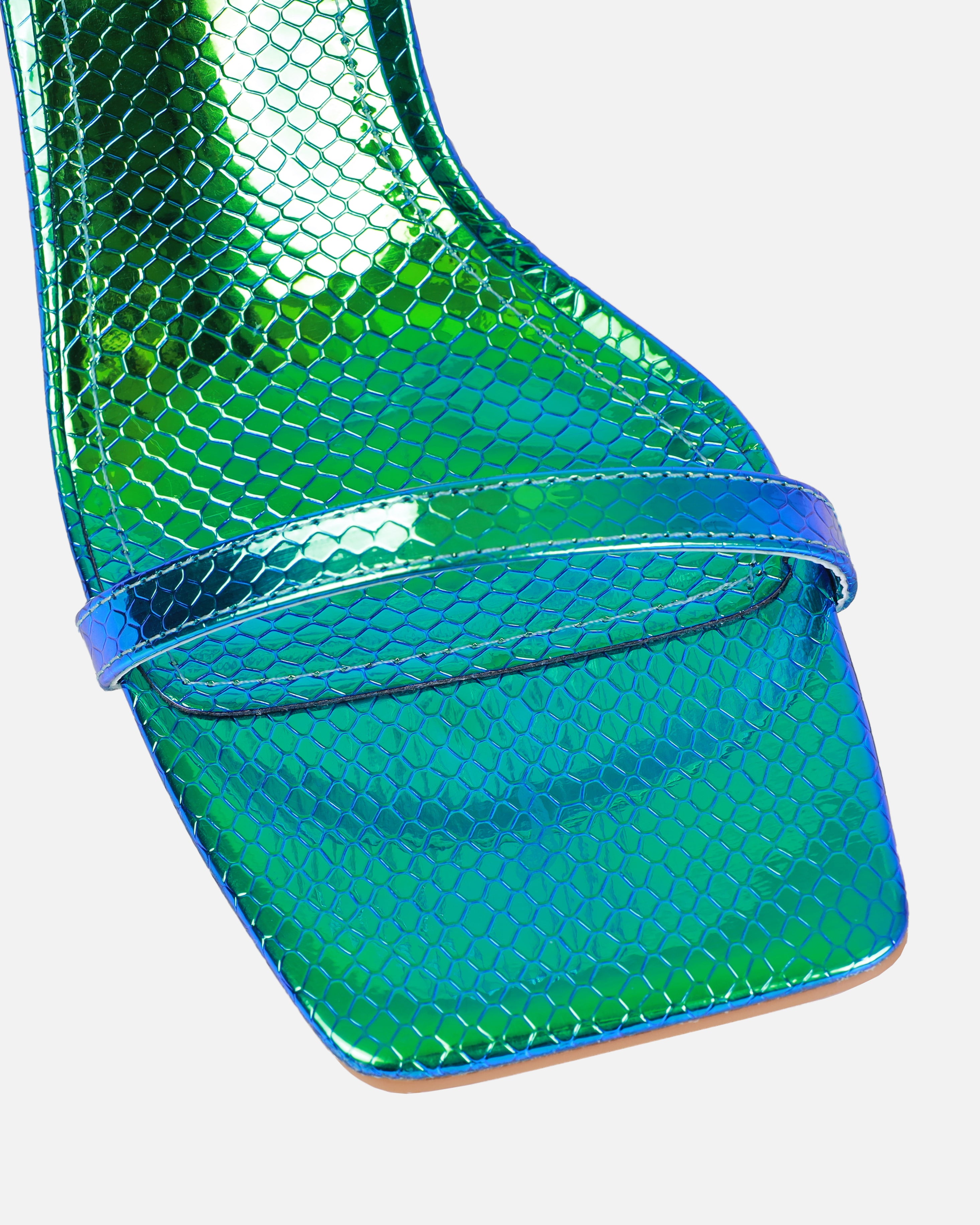 Ishani Blue Metallic Faux Snake Print Block Heels | SIMMI London