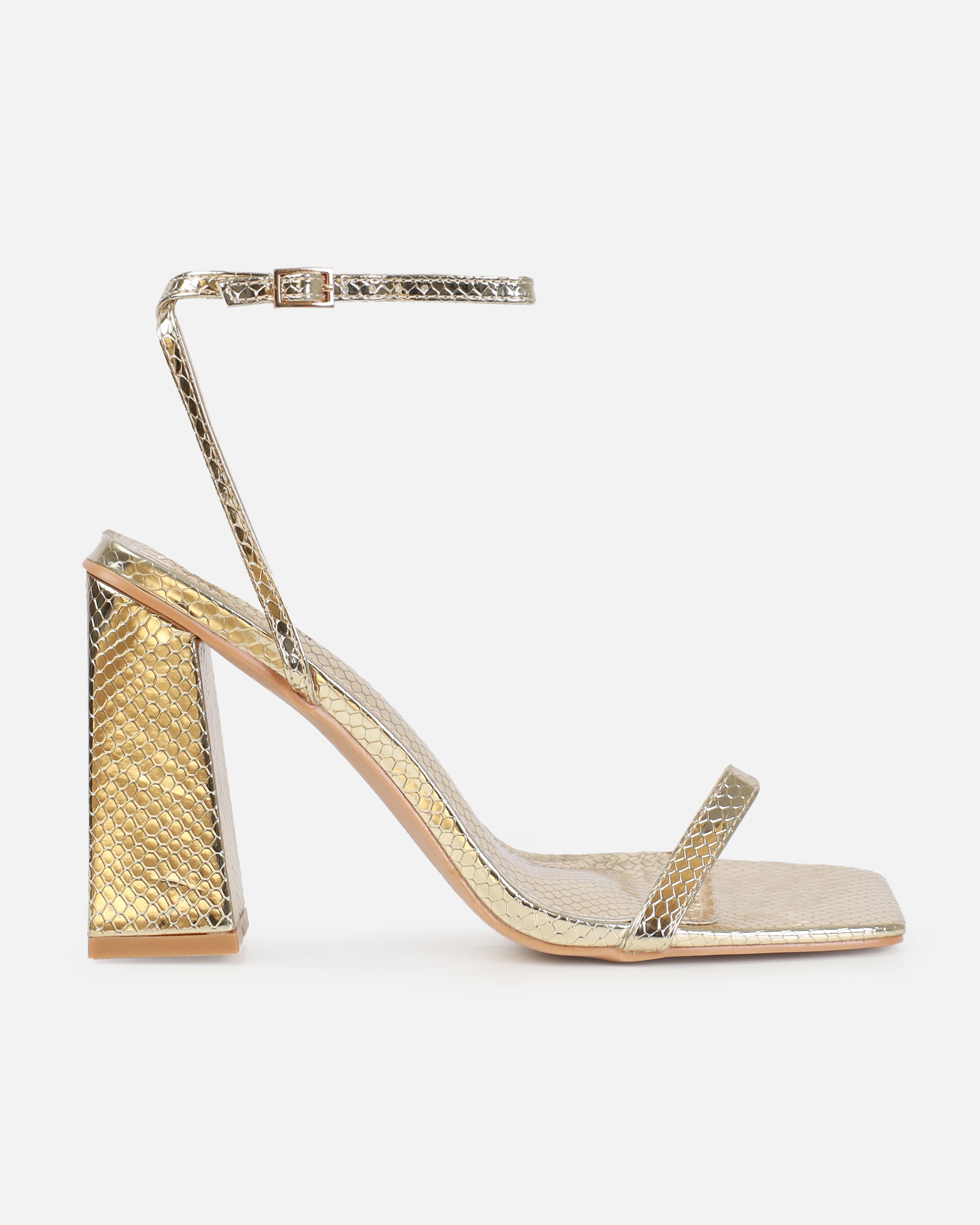 Ishani Light Gold Faux Snake Print Block Heels | SIMMI London