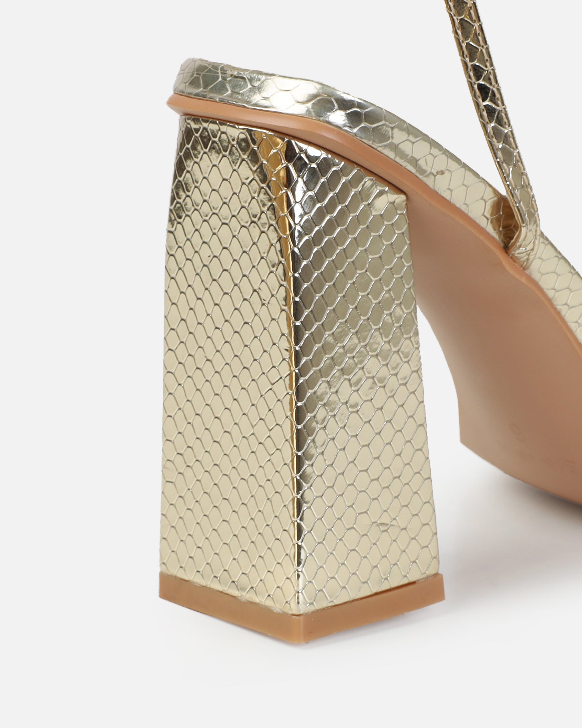 Ishani Light Gold Faux Snake Print Block Heels | SIMMI London