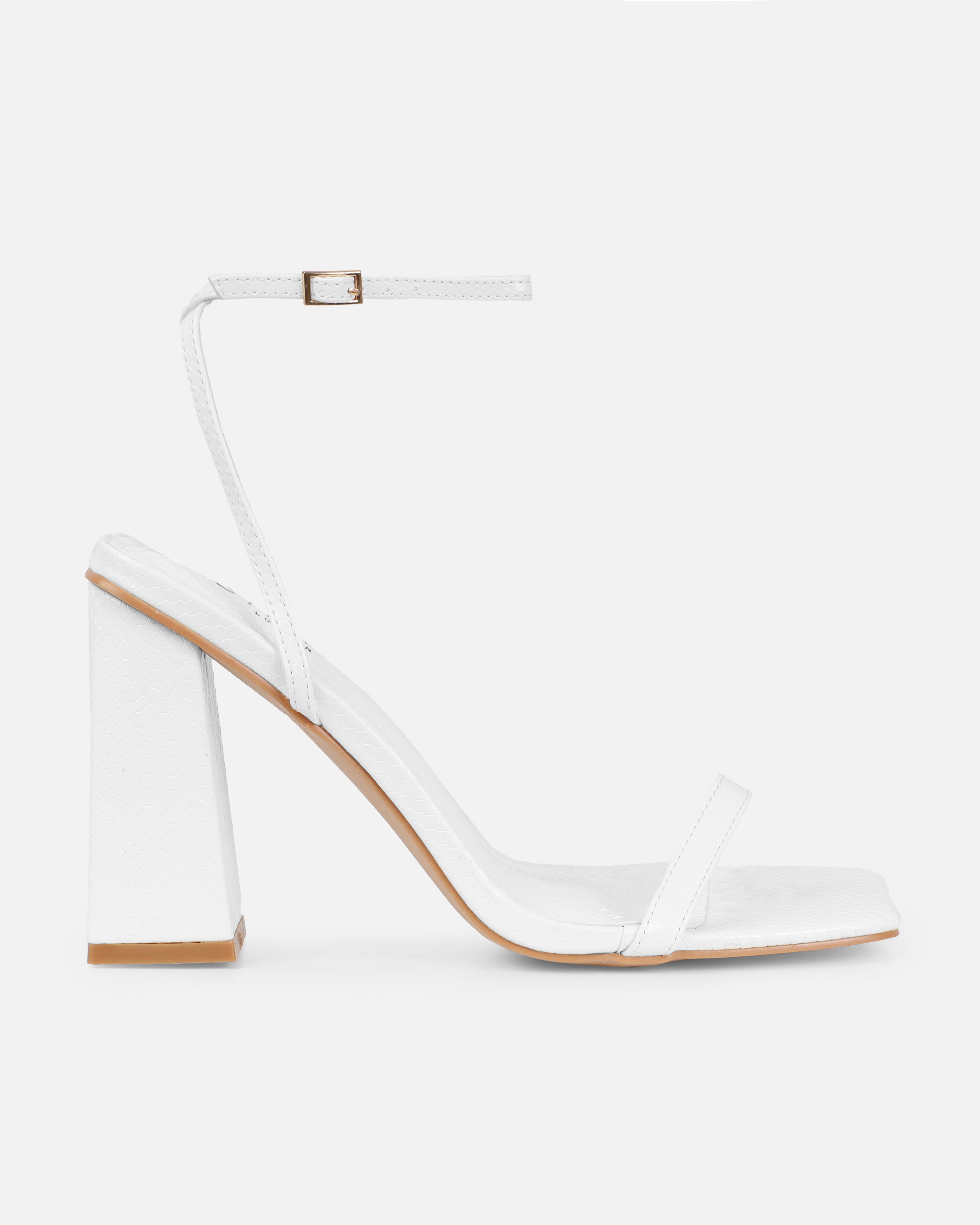 Ishani White Faux Snake Print Block Heels | SIMMI London