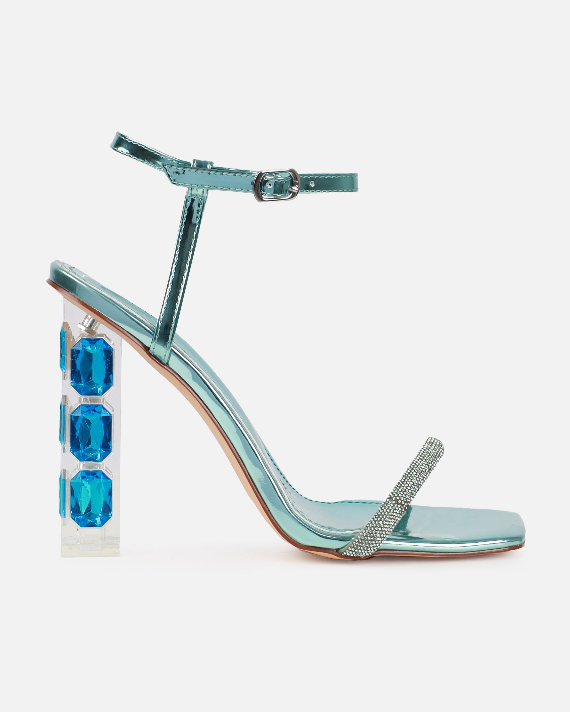 Ivani Aqua Mirror Diamante Block Gem Heels | SIMMI London