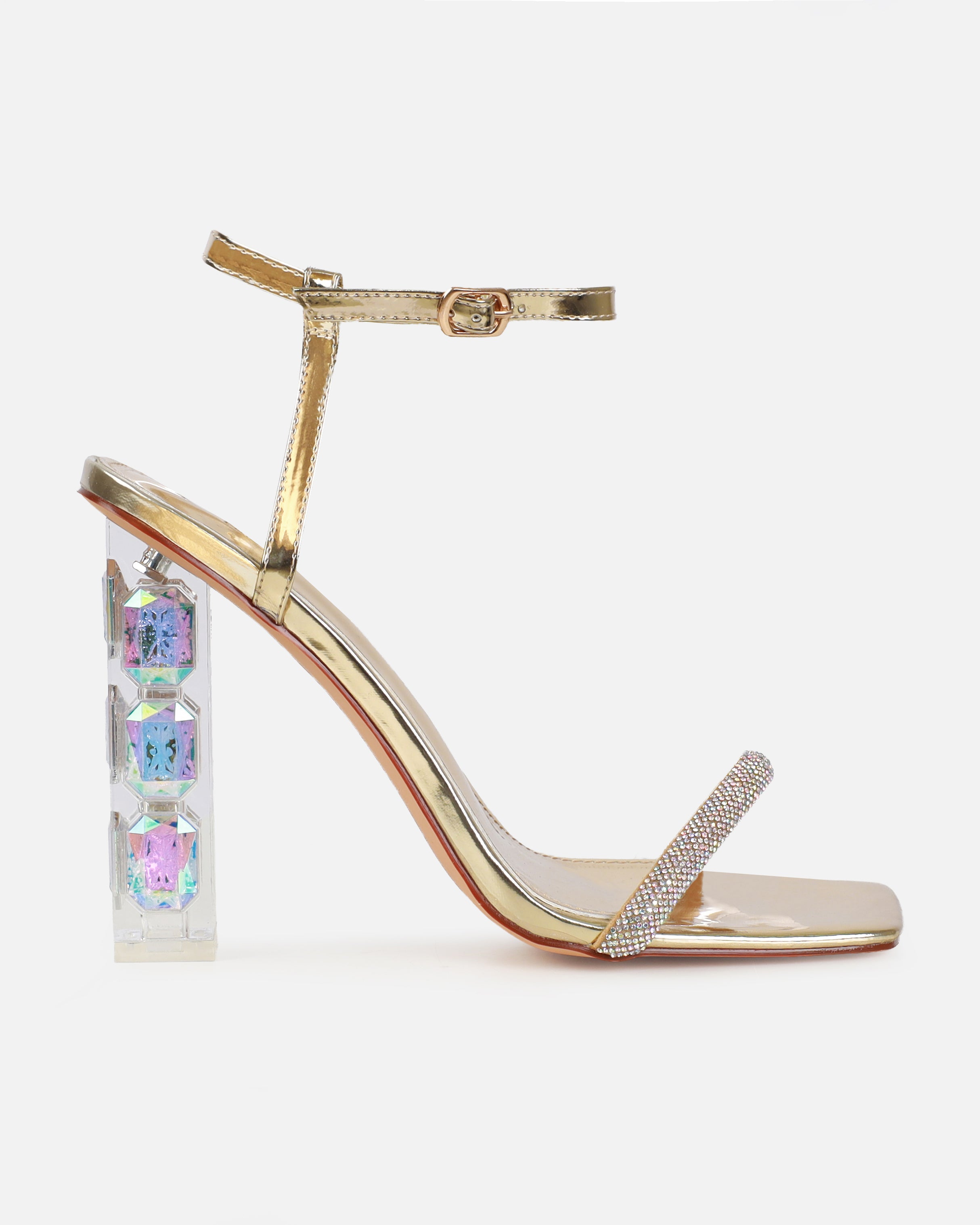 Ivani Gold Mirror Diamante Block Gem Heels | SIMMI London