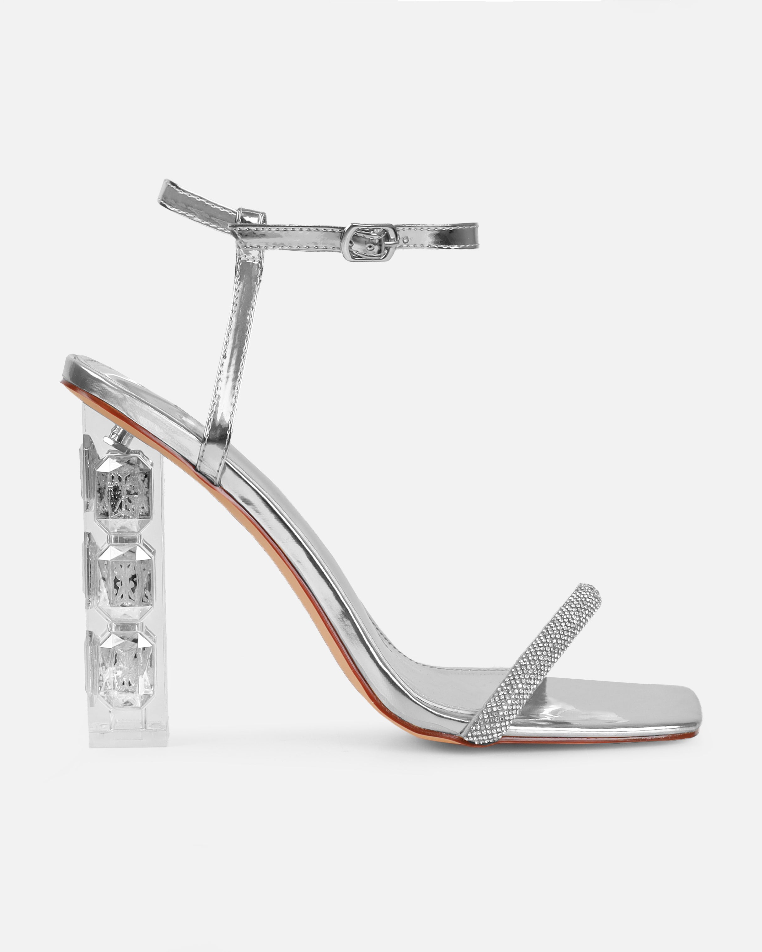 Ivani Silver Mirror Diamante Block Gem Heels | SIMMI London
