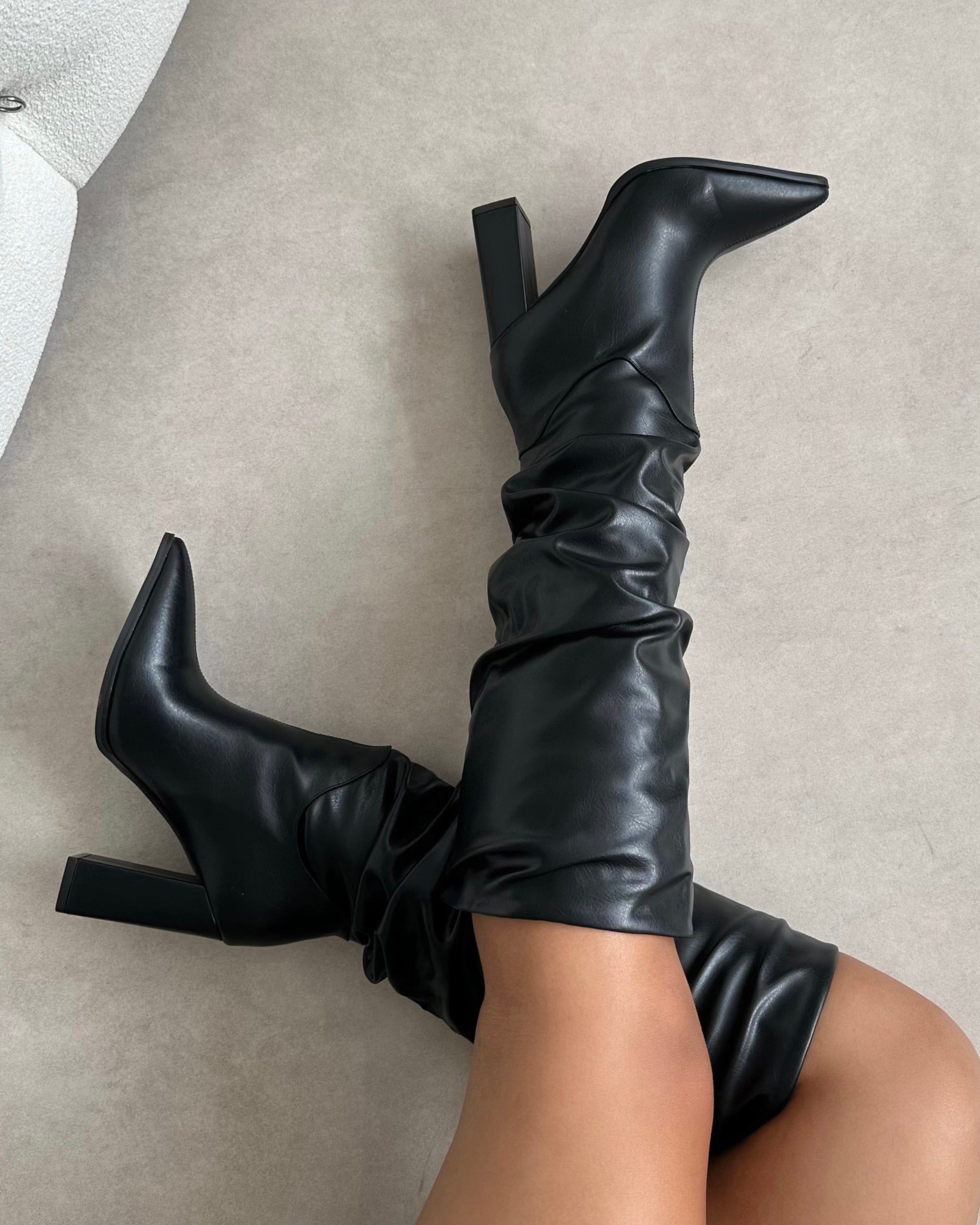 Jacques Black Slouched Block Heel Knee High Boots | SIMMI London