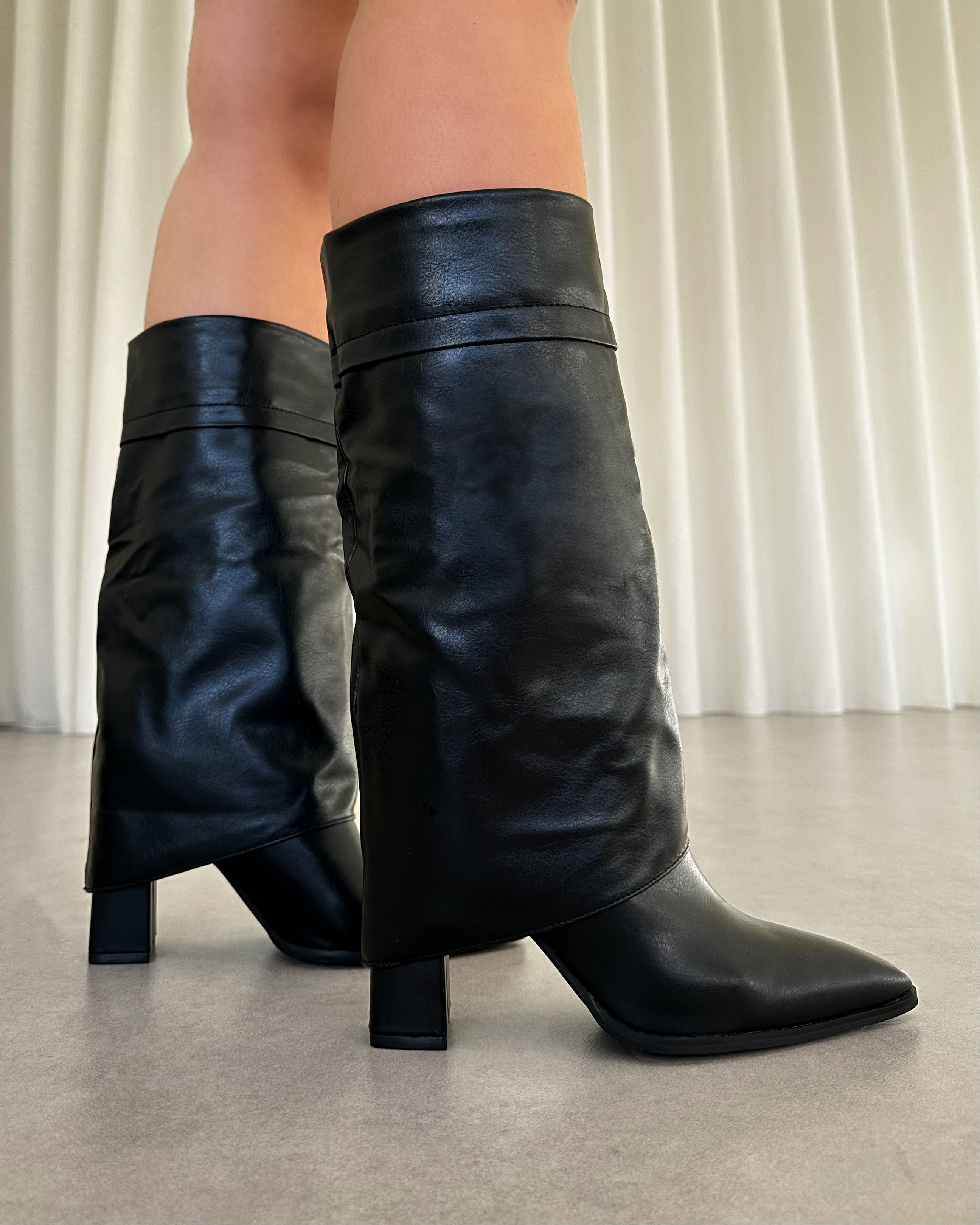 Tamiar black fold over block heeled knee boots | SIMMI London